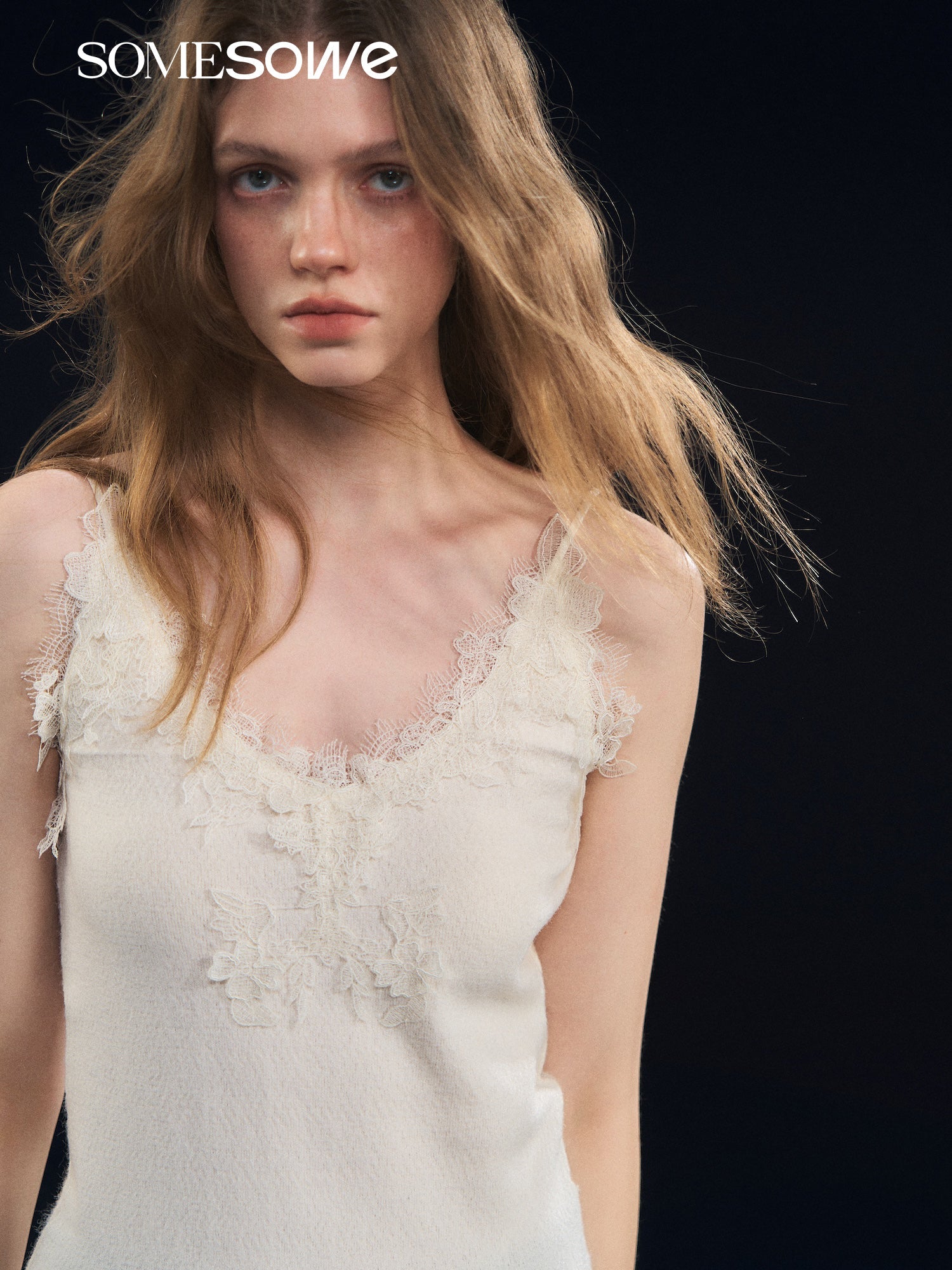 SOMESOWE Soft Velvet Textured Lace Camisole in White | MADAX