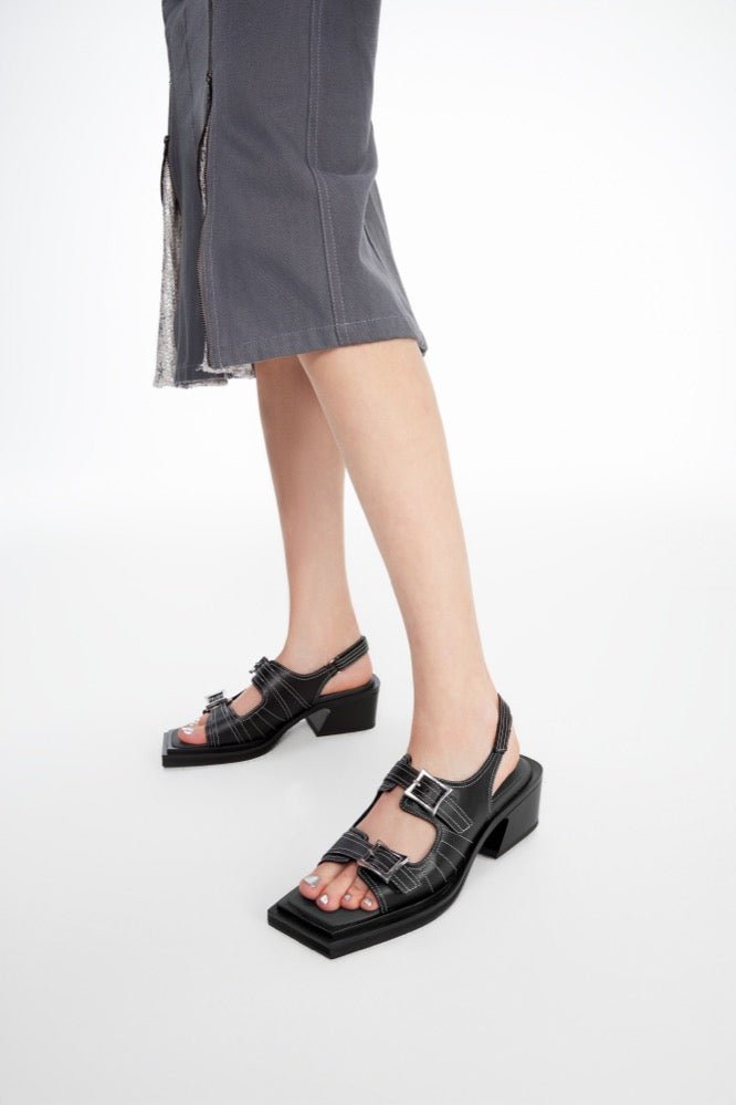 LOST IN ECHO Square Toe Heel Sandals in Black | MADA IN CHINA