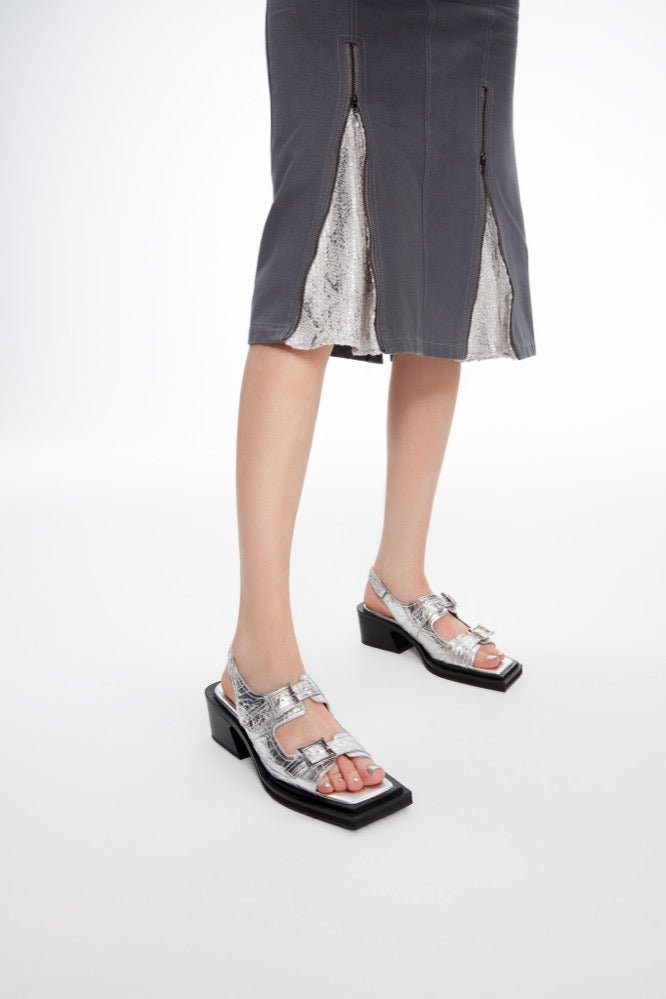 LOST IN ECHO Square Toe Heel Sandals in Silver | MADA IN CHINA