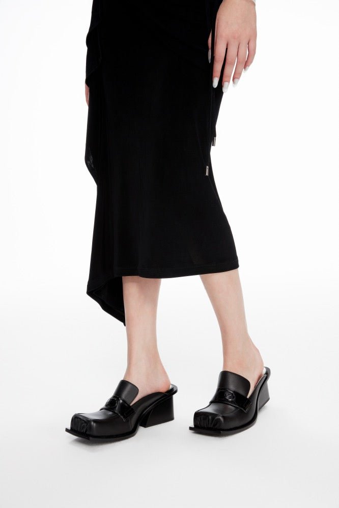 LOST IN ECHO Square Toe Thick - heel Mule Slippers in Black | MADA IN CHINA