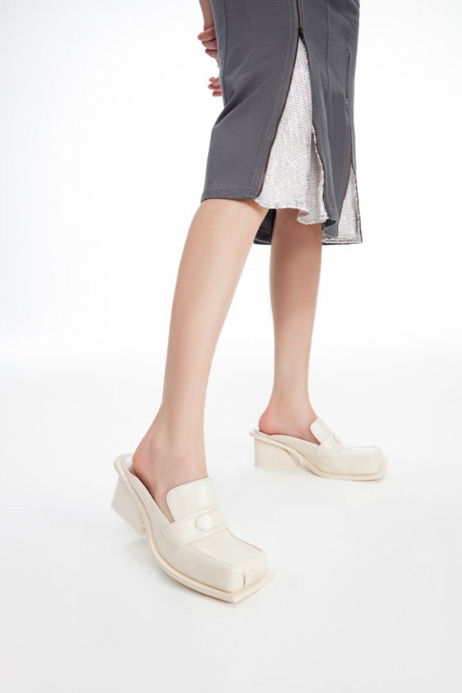 LOST IN ECHO Square Toe Thick - heel Mule Slippers in White | MADA IN CHINA