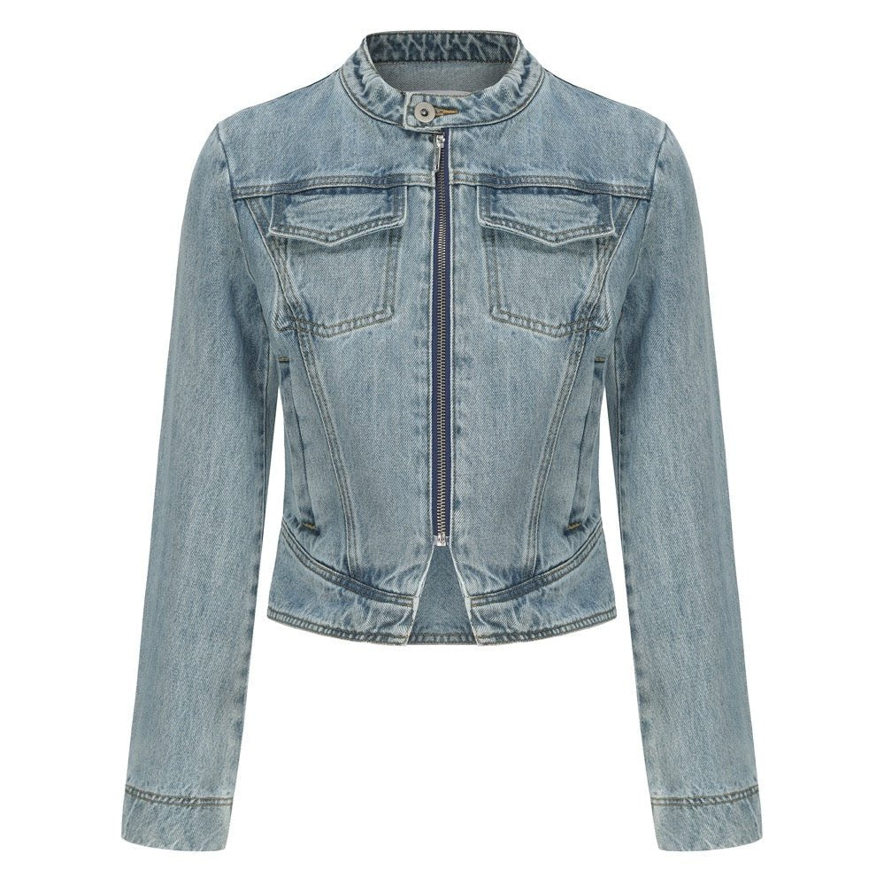 NECESSARY ANANKE Stand Collar Denim Jacket | MADA IN CHINA