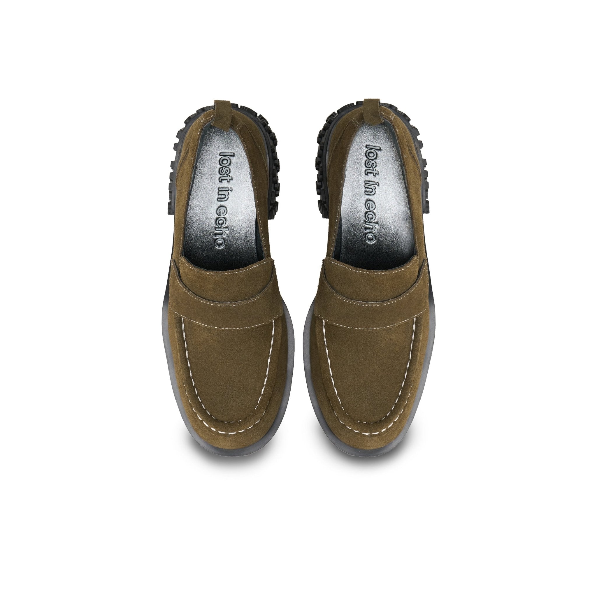 LOST IN ECHO Star Bottom Stitching Round Head Loafers In Army Green | MADAX