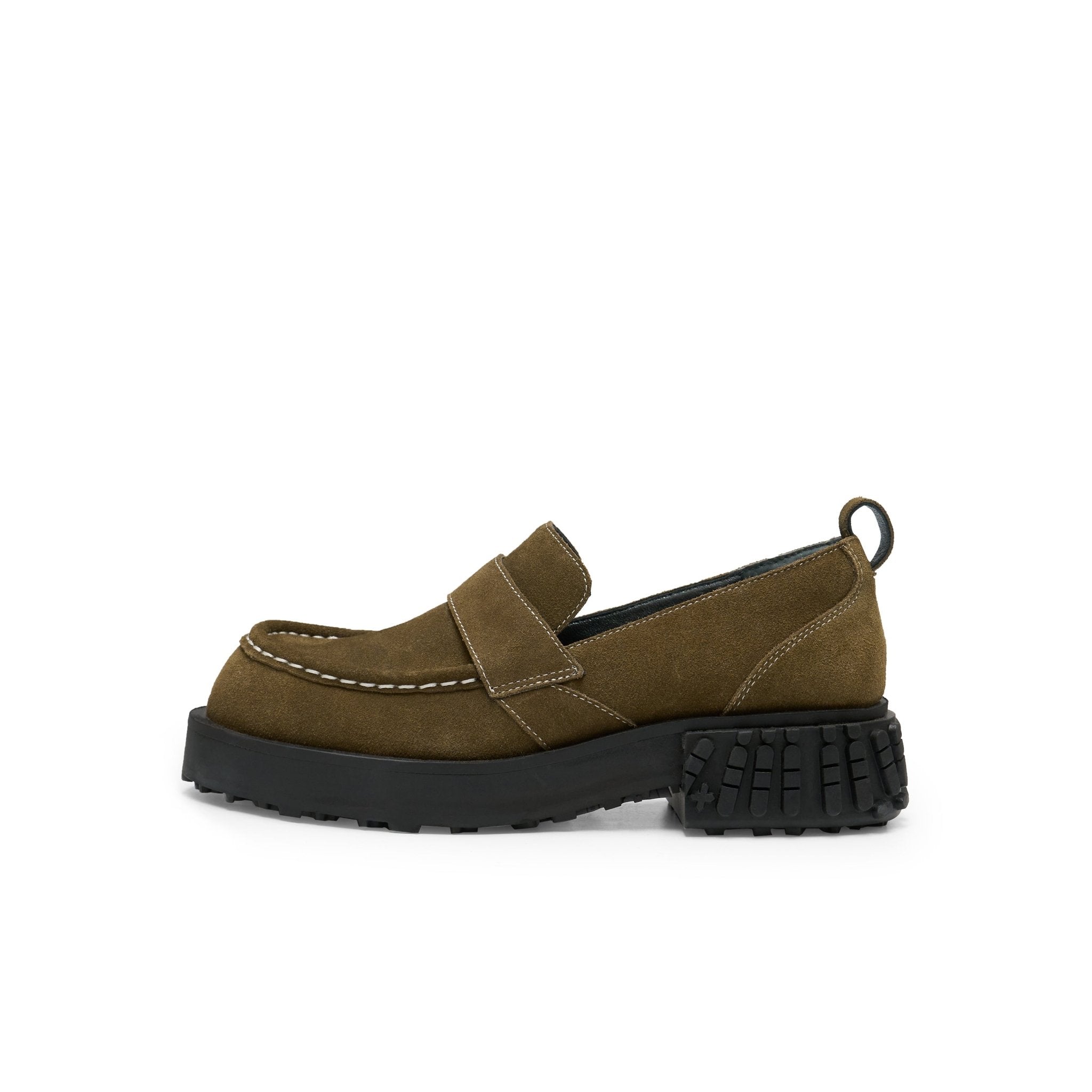 LOST IN ECHO Star Bottom Stitching Round Head Loafers In Army Green | MADAX