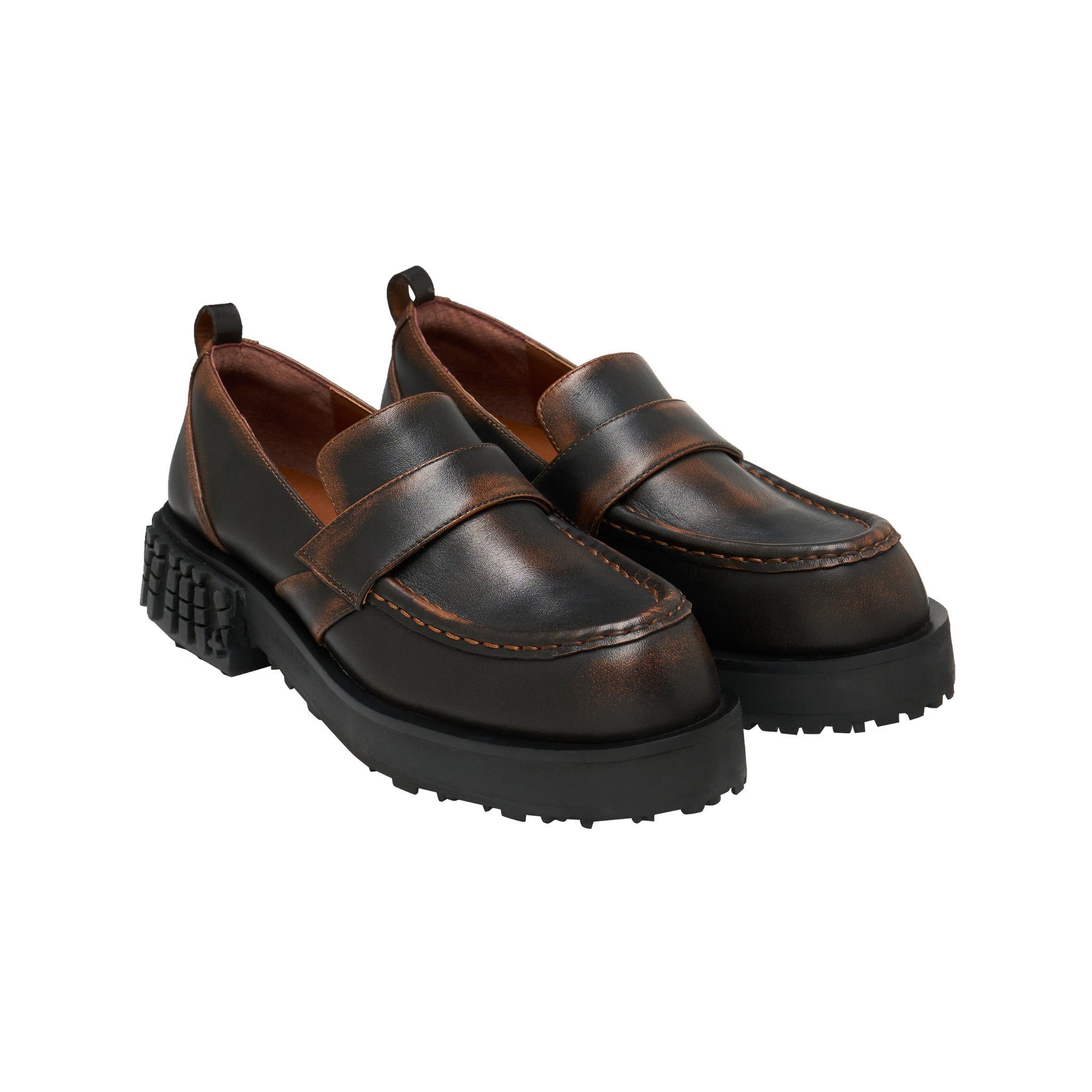 LOST IN ECHO Star Bottom Stitching Round Head Loafers In Black Brown | MADAX