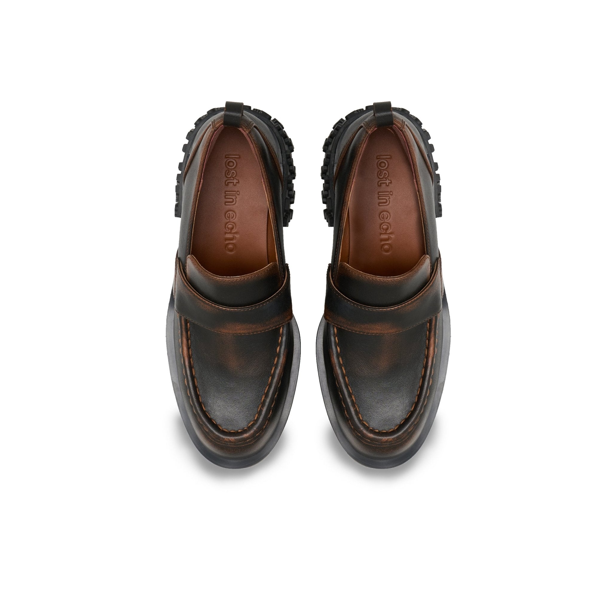 LOST IN ECHO Star Bottom Stitching Round Head Loafers In Black Brown | MADAX