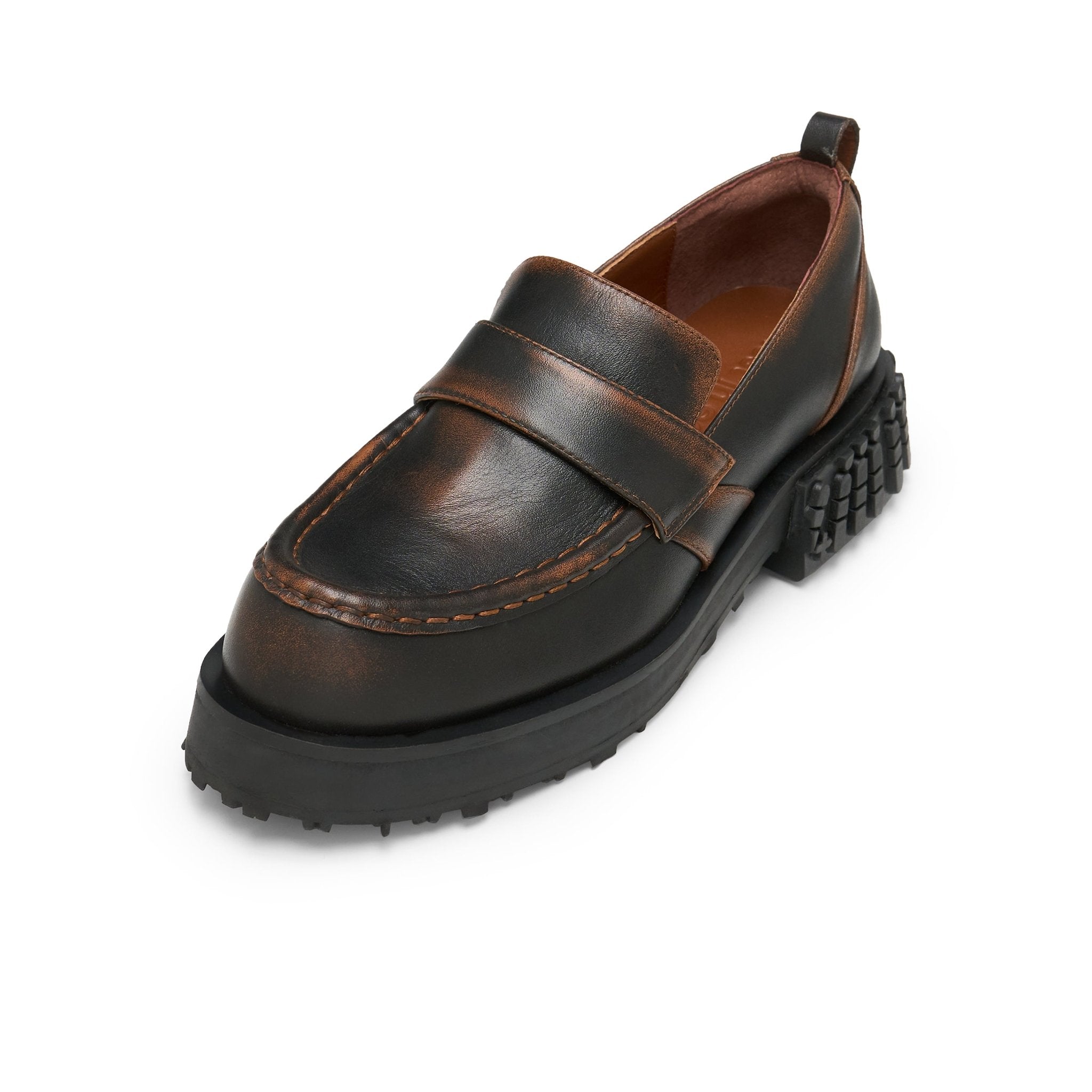 LOST IN ECHO Star Bottom Stitching Round Head Loafers In Black Brown | MADAX