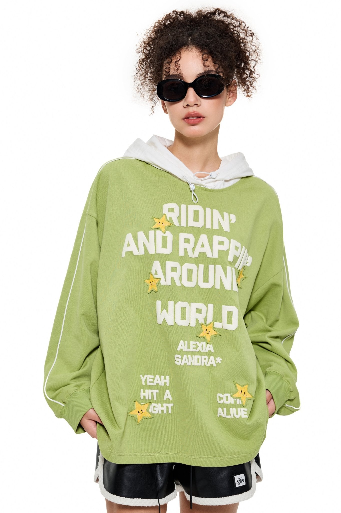 Alexia Sandra Star - Detail Slogan Hoodie in Green | MADA IN CHINA