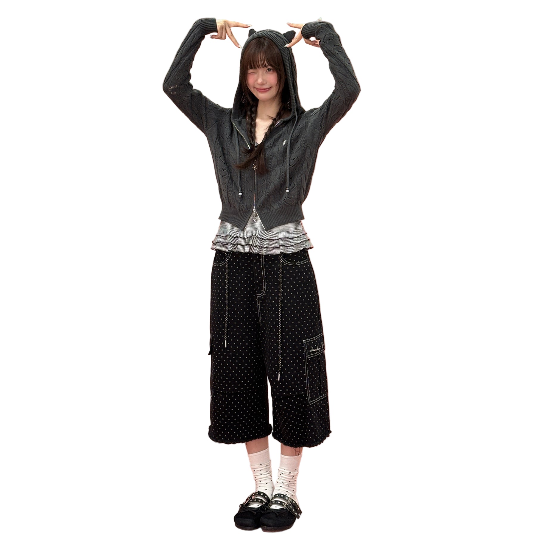 CHAOSCHAOS Star Print Vintage Washed Denim Cropped Pants In Black | MADAX