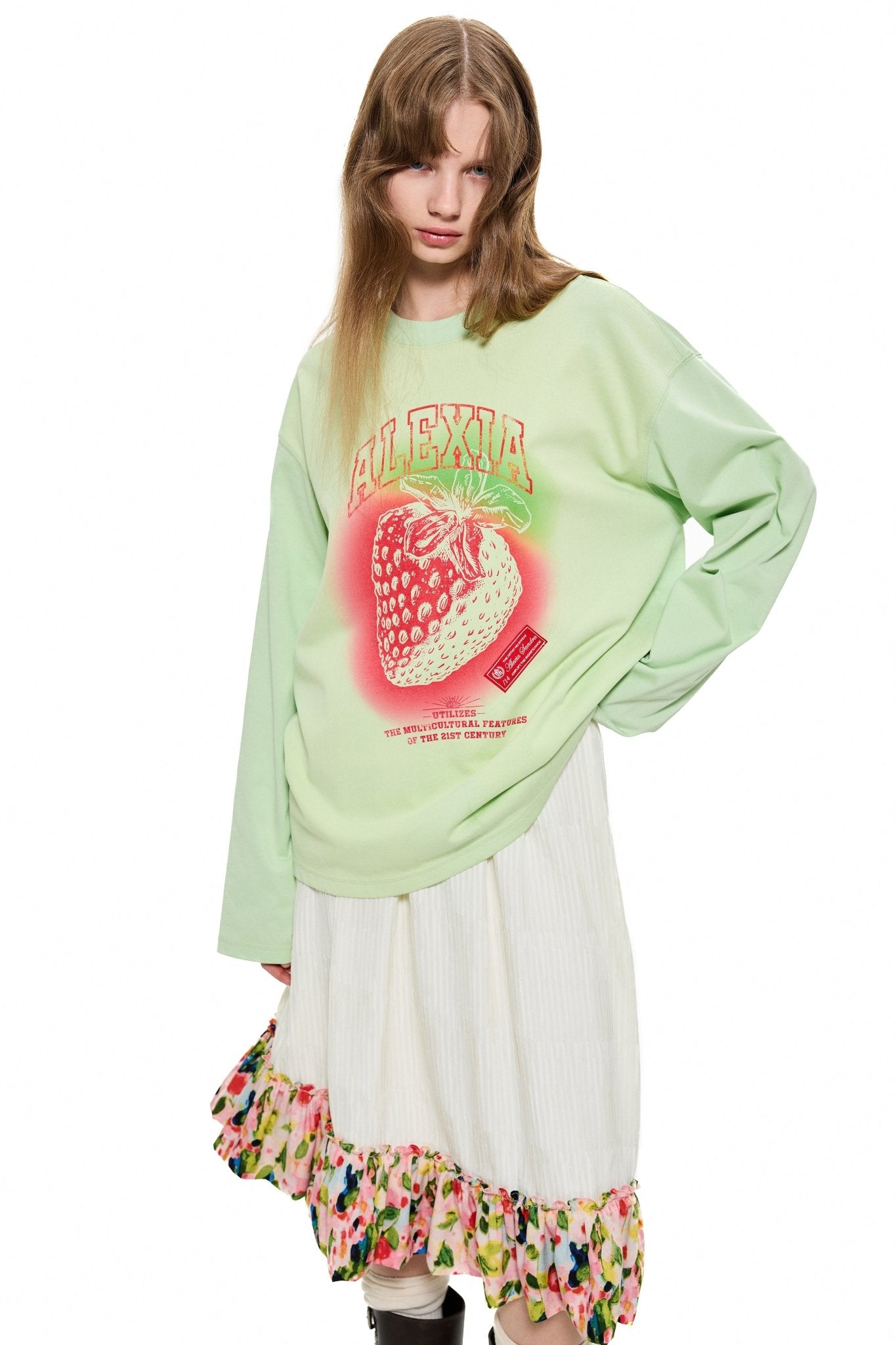 ALEXIA SANDRA Strawberry Print Long - sleeved T - shirt in Green | MADA IN CHINA