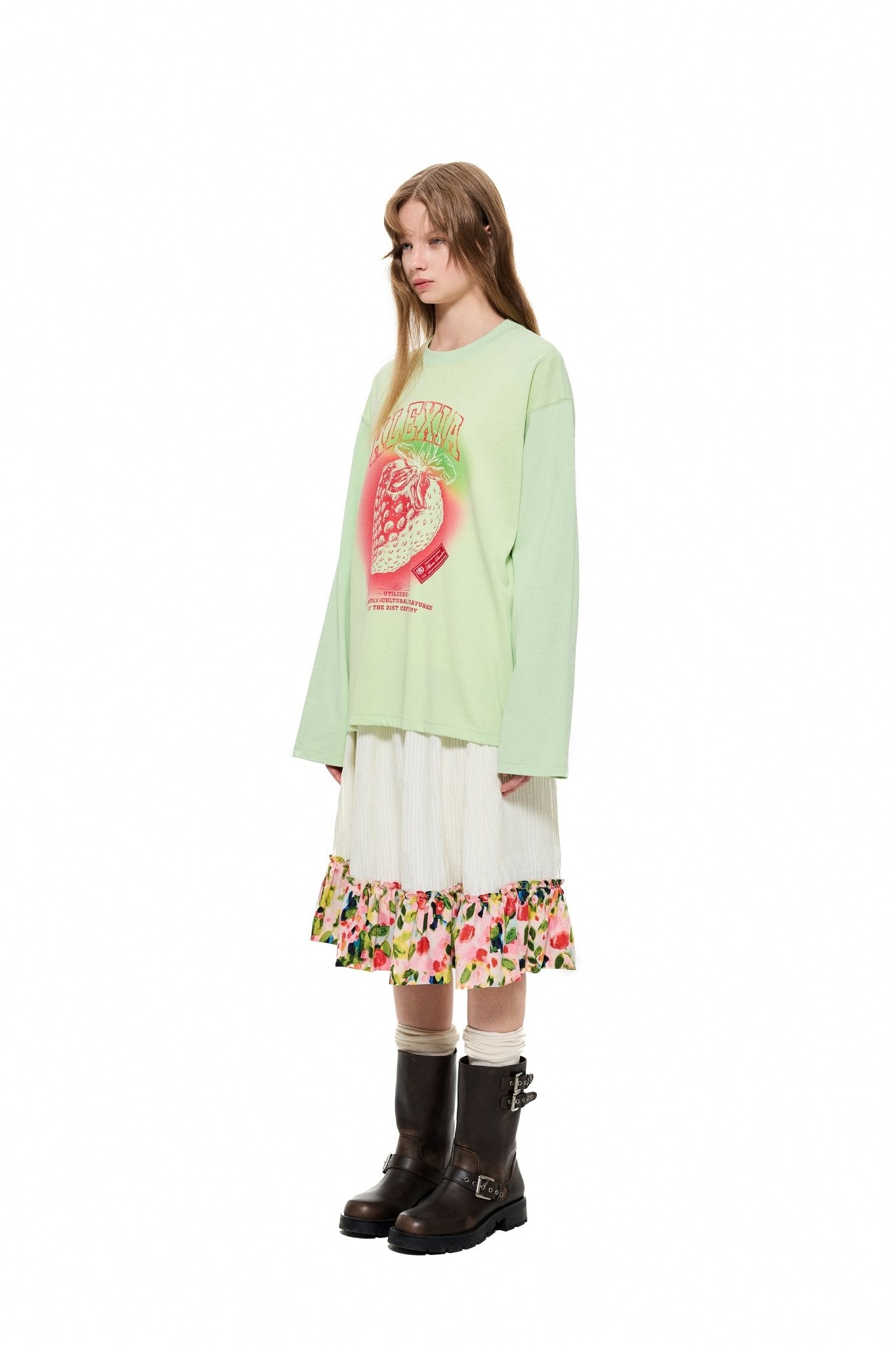 ALEXIA SANDRA Strawberry Print Long - sleeved T - shirt in Green | MADA IN CHINA