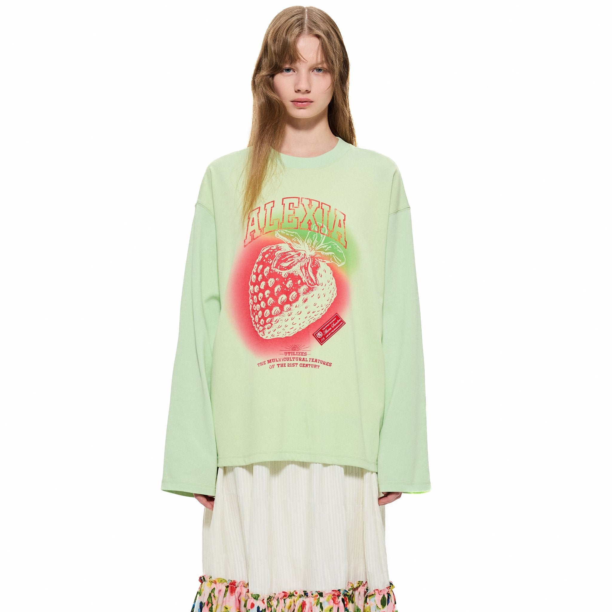 ALEXIA SANDRA Strawberry Print Long - sleeved T - shirt in Green | MADA IN CHINA