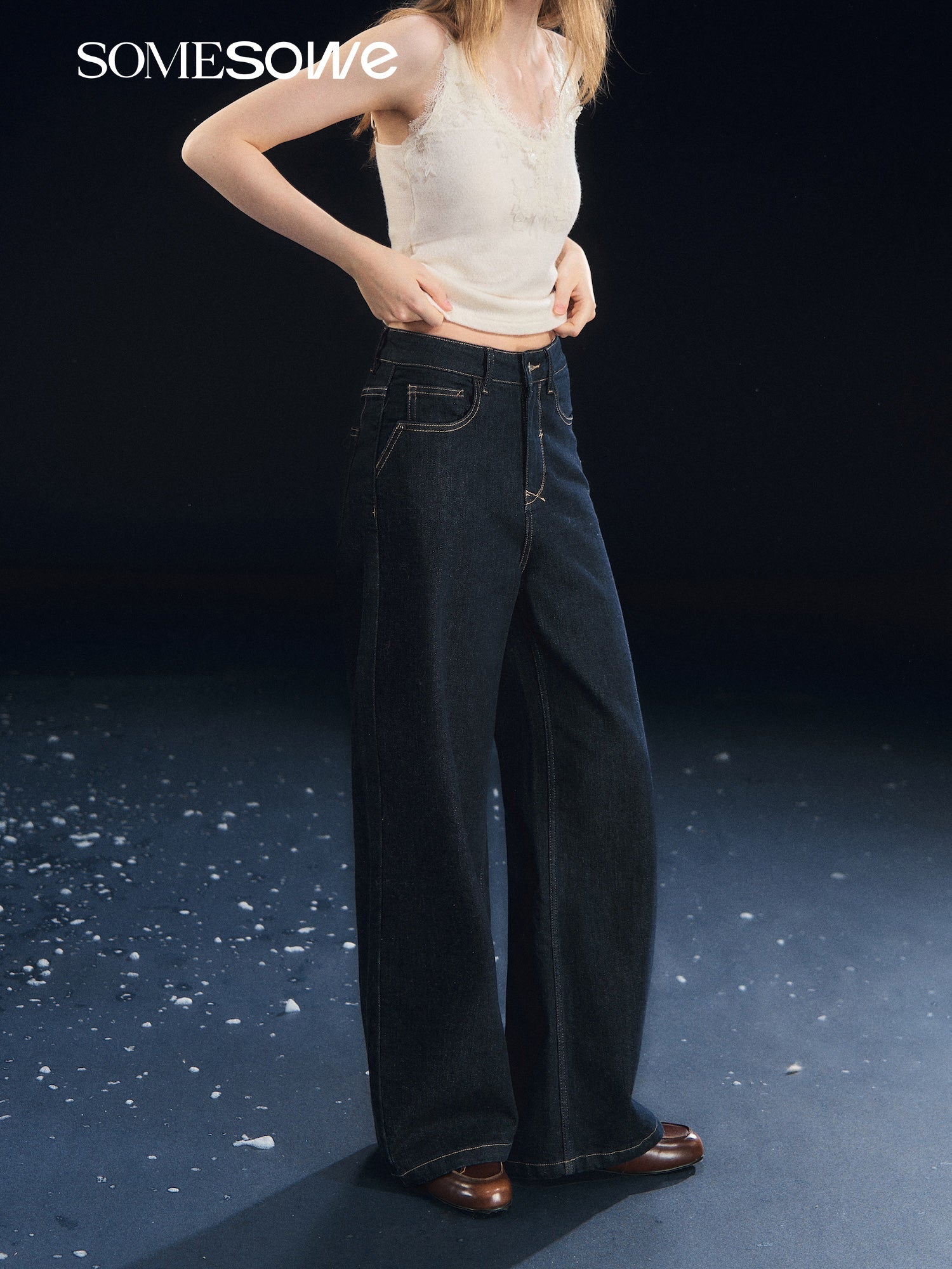 SOMESOWE Stretch Straight Leg Raw Fleece Jeans In Dark Blue | MADAX