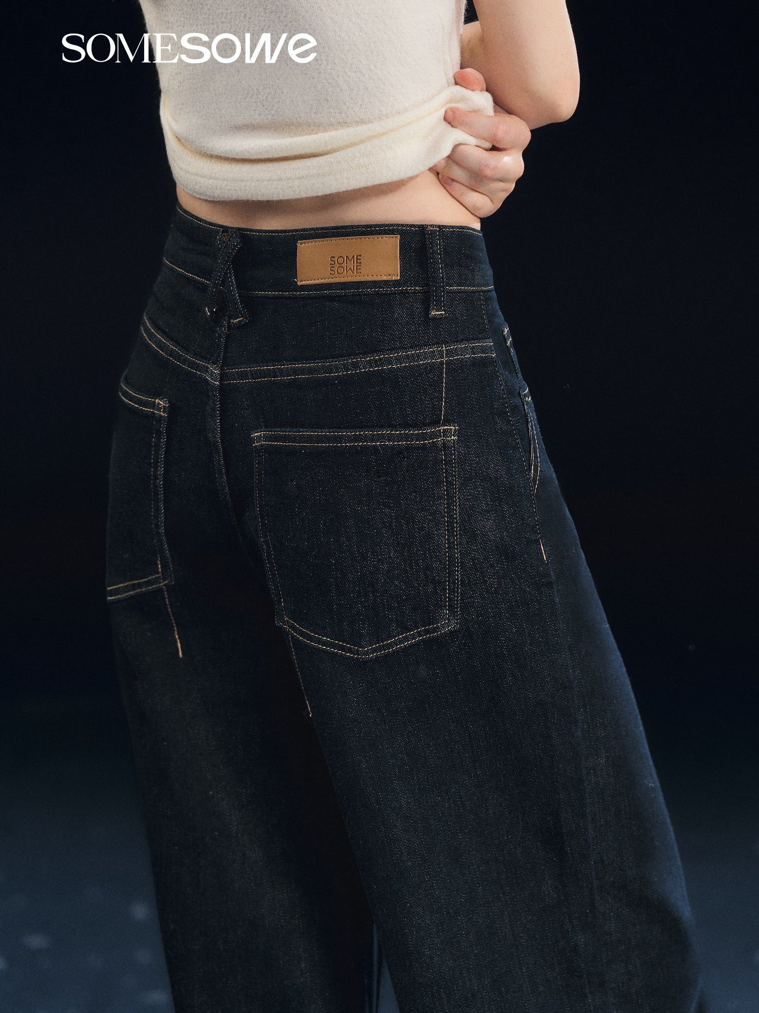 SOMESOWE Stretch Straight Leg Raw Fleece Jeans In Dark Blue | MADAX