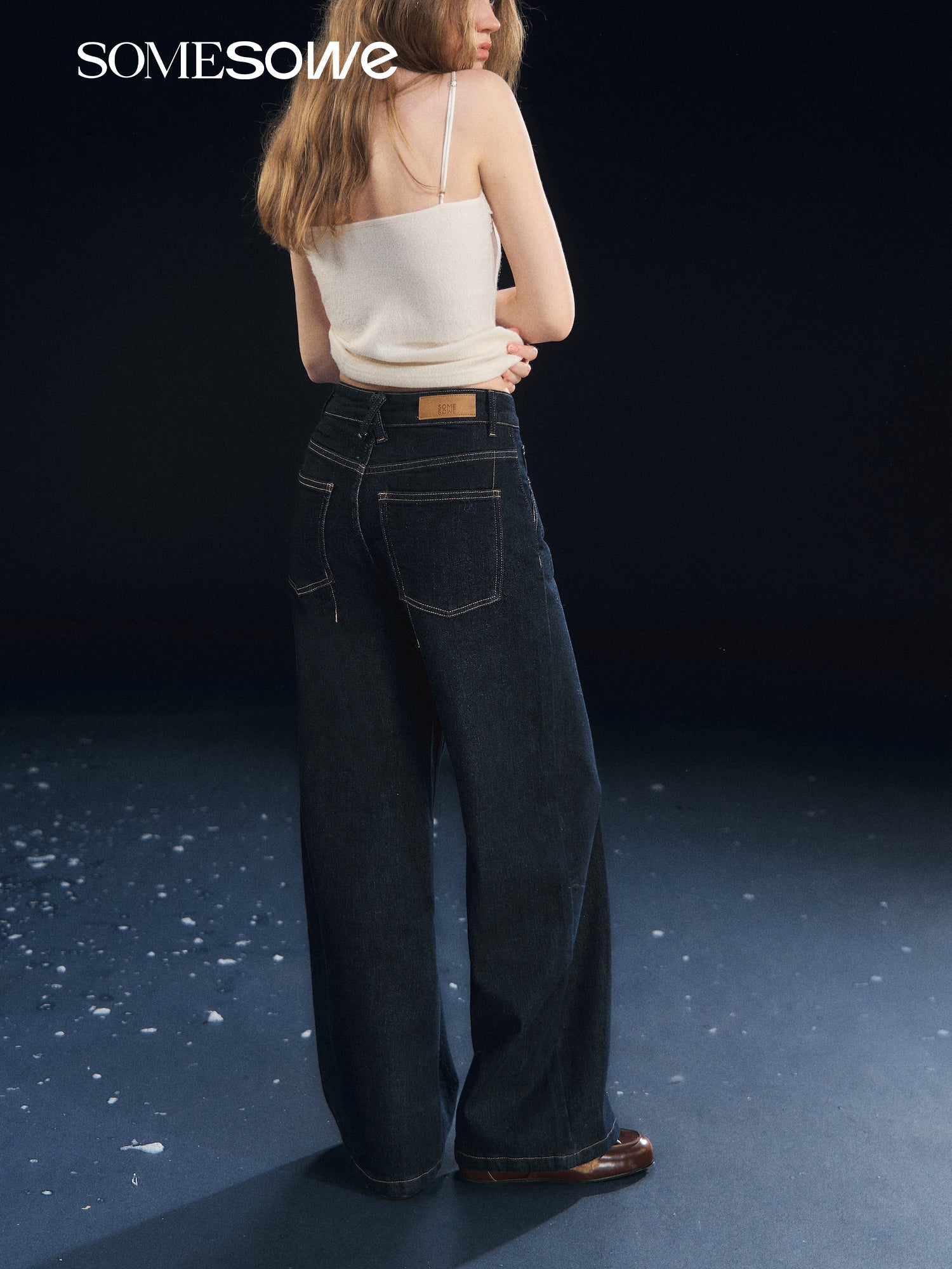 SOMESOWE Stretch Straight Leg Raw Fleece Jeans In Dark Blue | MADAX