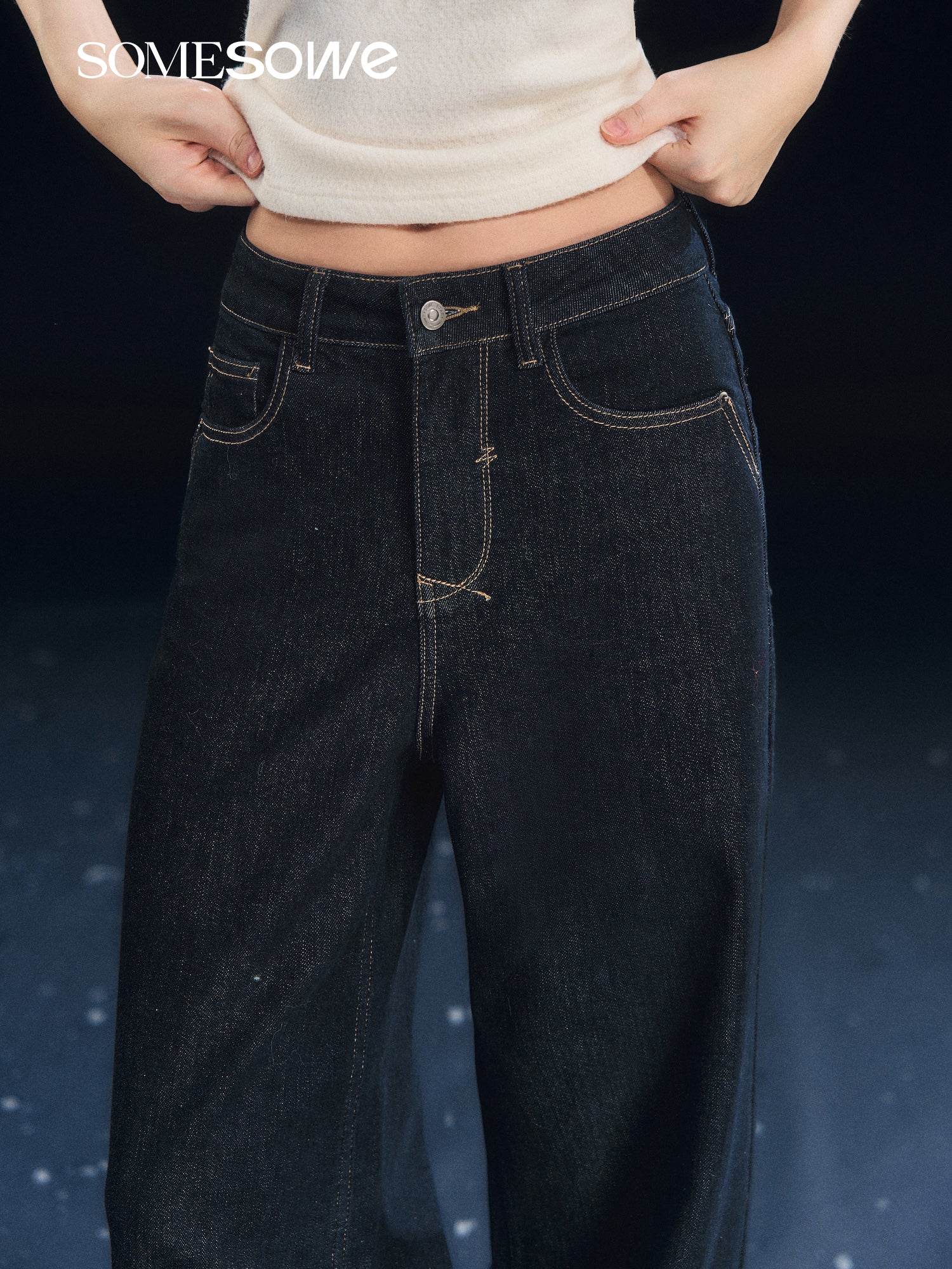 SOMESOWE Stretch Straight Leg Raw Fleece Jeans In Dark Blue | MADAX