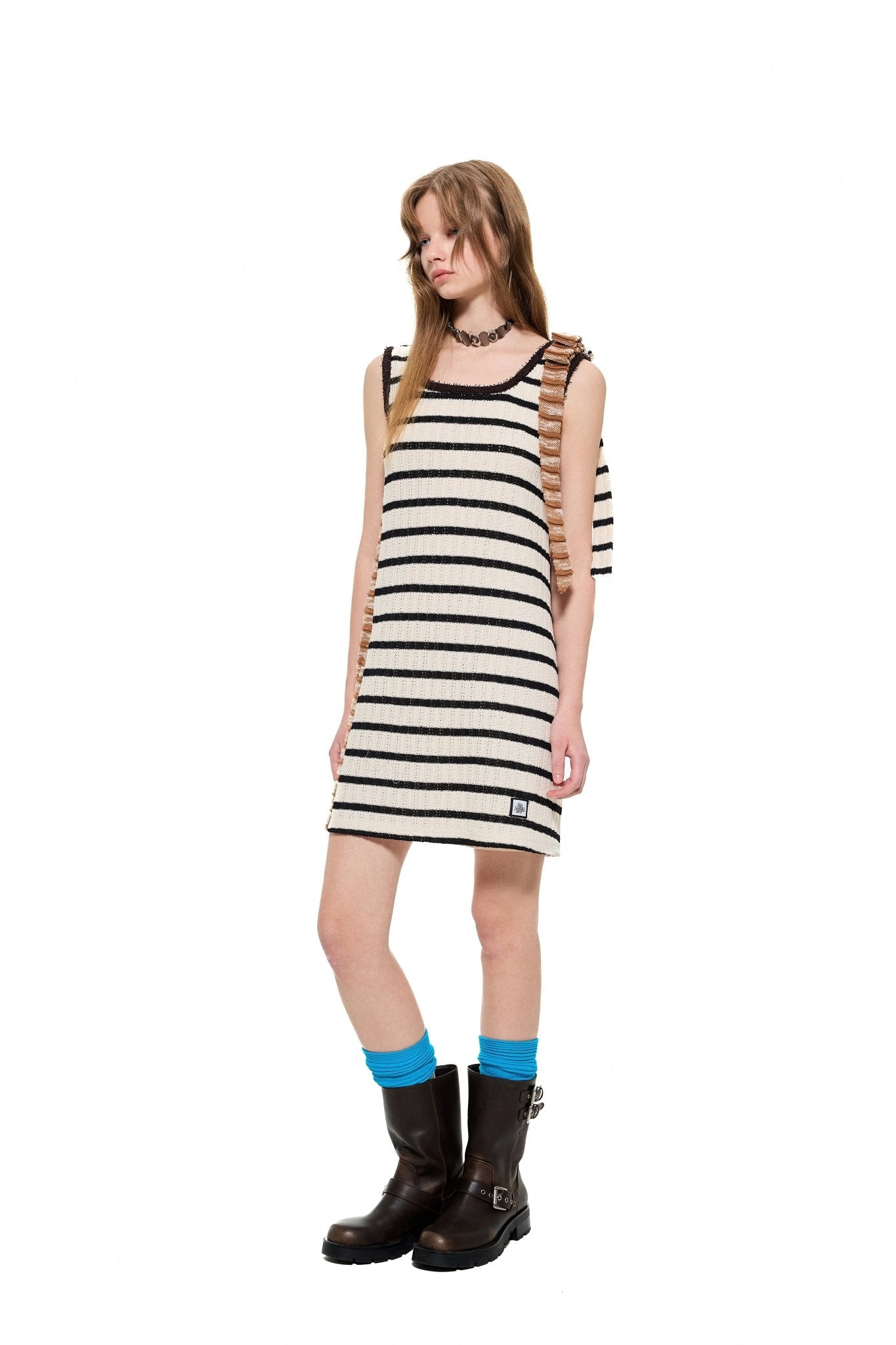 Alexia Sandra Stripe Asymmetrical Knitted Dress in Brown | MADA IN CHINA