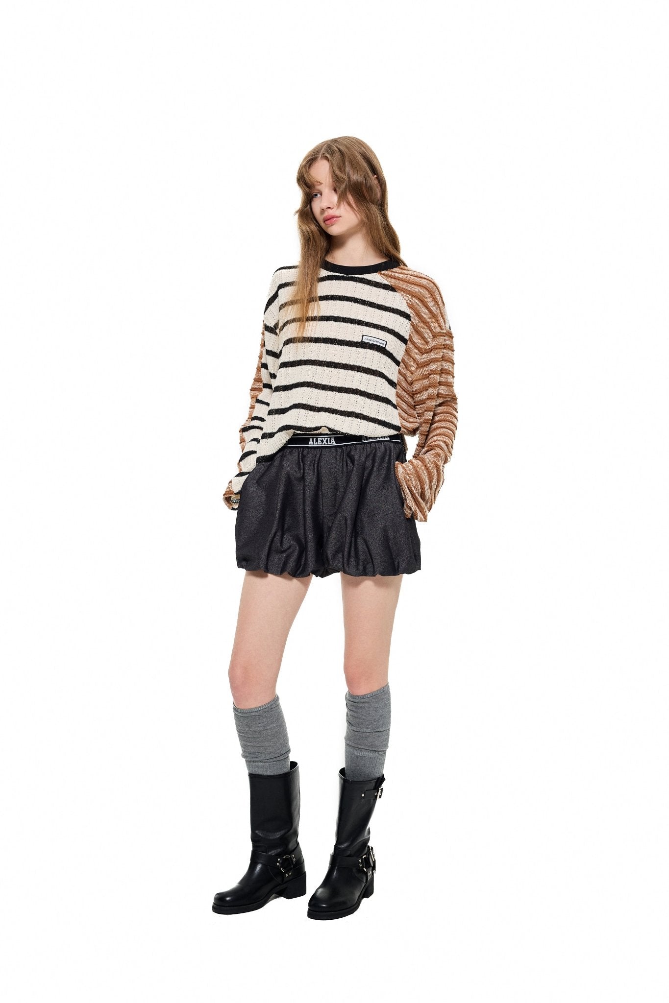 Alexia Sandra Stripe Asymmetrical Knitwear in Brown | MADA IN CHINA