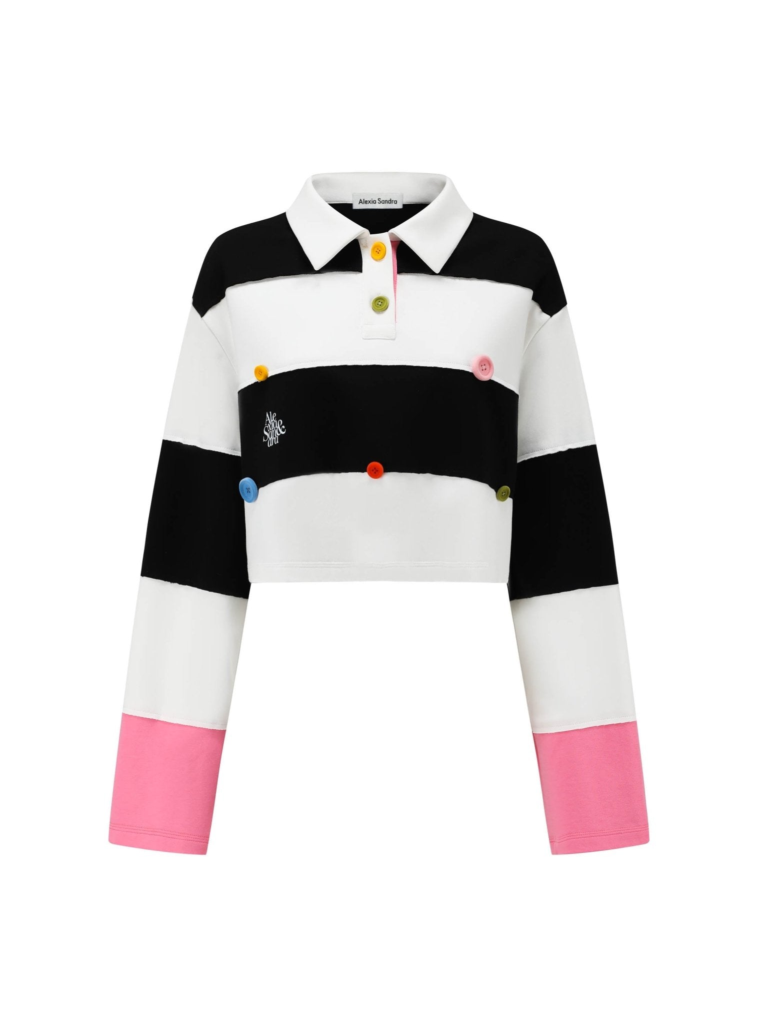 Alexia Sandra Stripe Button Polo Shirt in Black And White | MADA IN CHINA