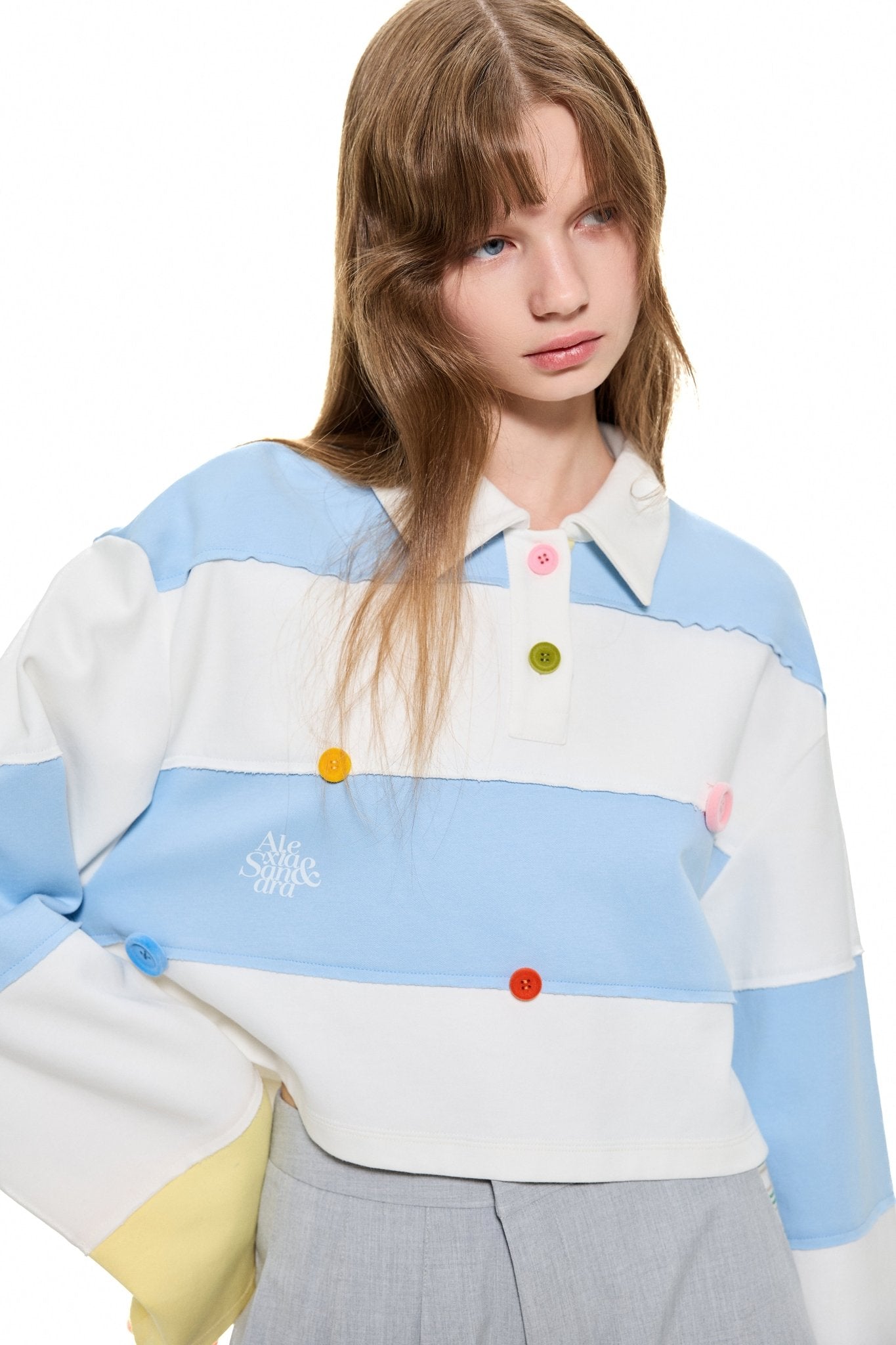 Alexia Sandra Stripe Button Polo Shirt in Blue And White | MADA IN CHINA