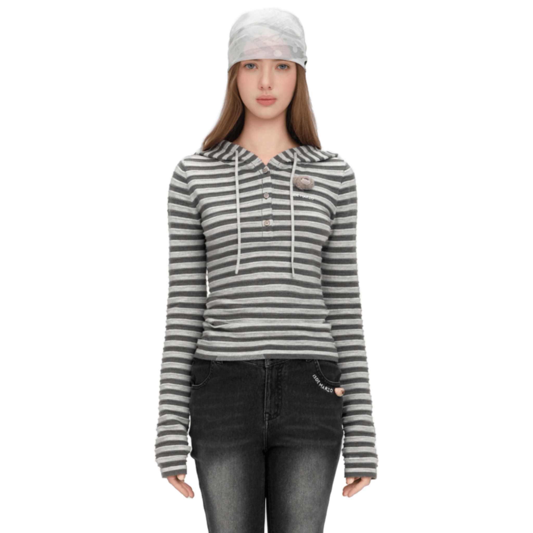 13DE MARZO Striped Button - down 3D Bear Hooded T-shirt in Gray | MADAX