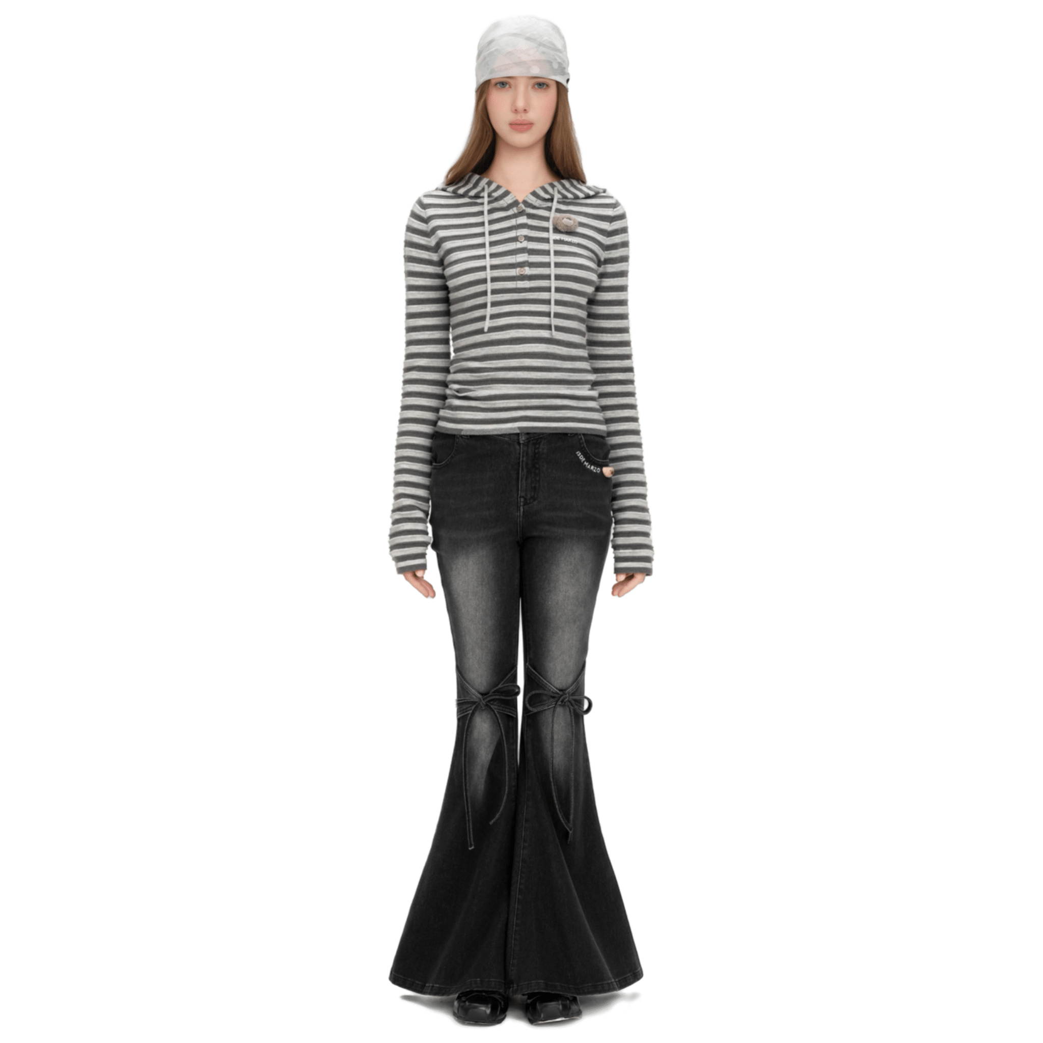 13DE MARZO Striped Button - down 3D Bear Hooded T-shirt in Gray | MADAX