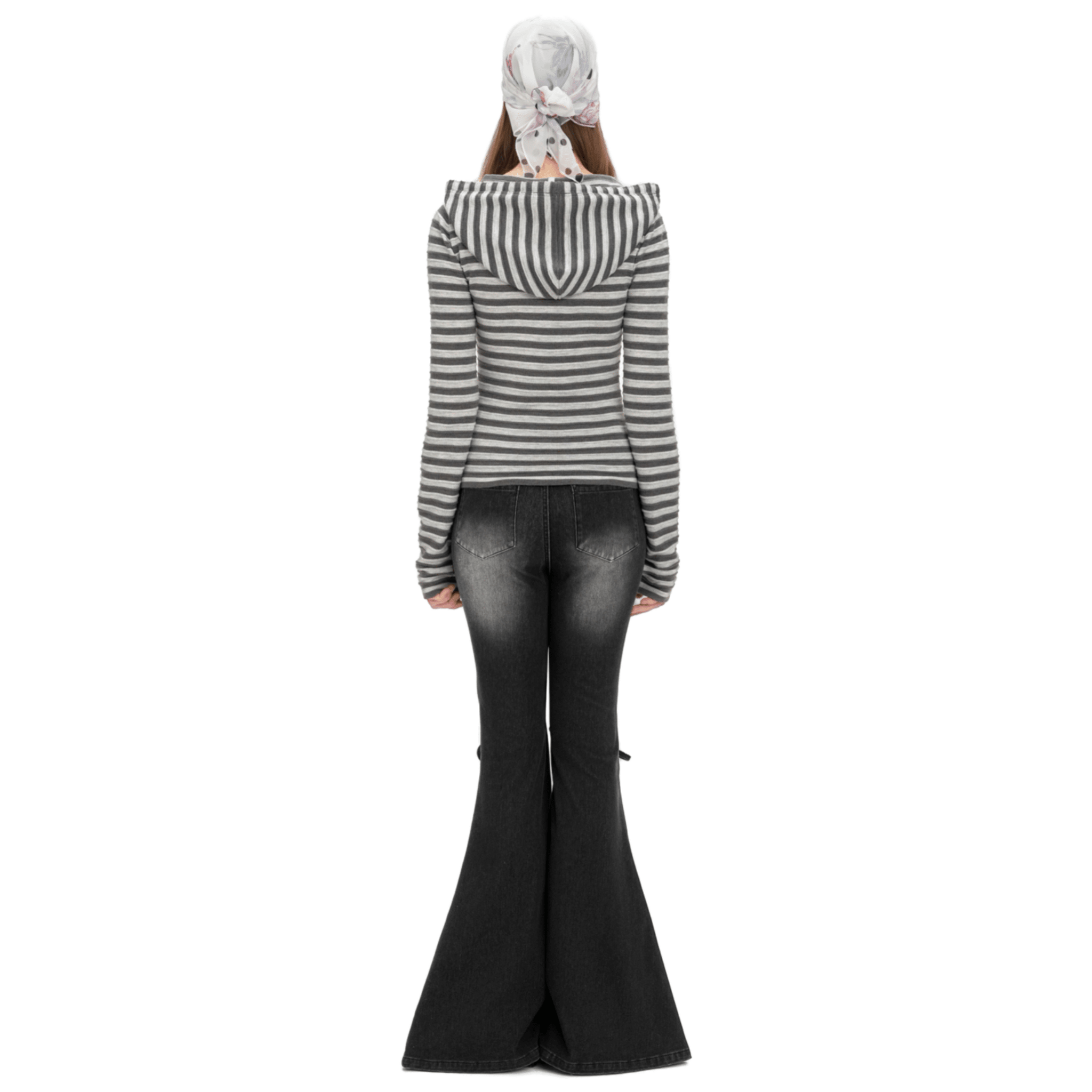 13DE MARZO Striped Button - down 3D Bear Hooded T-shirt in Gray | MADAX