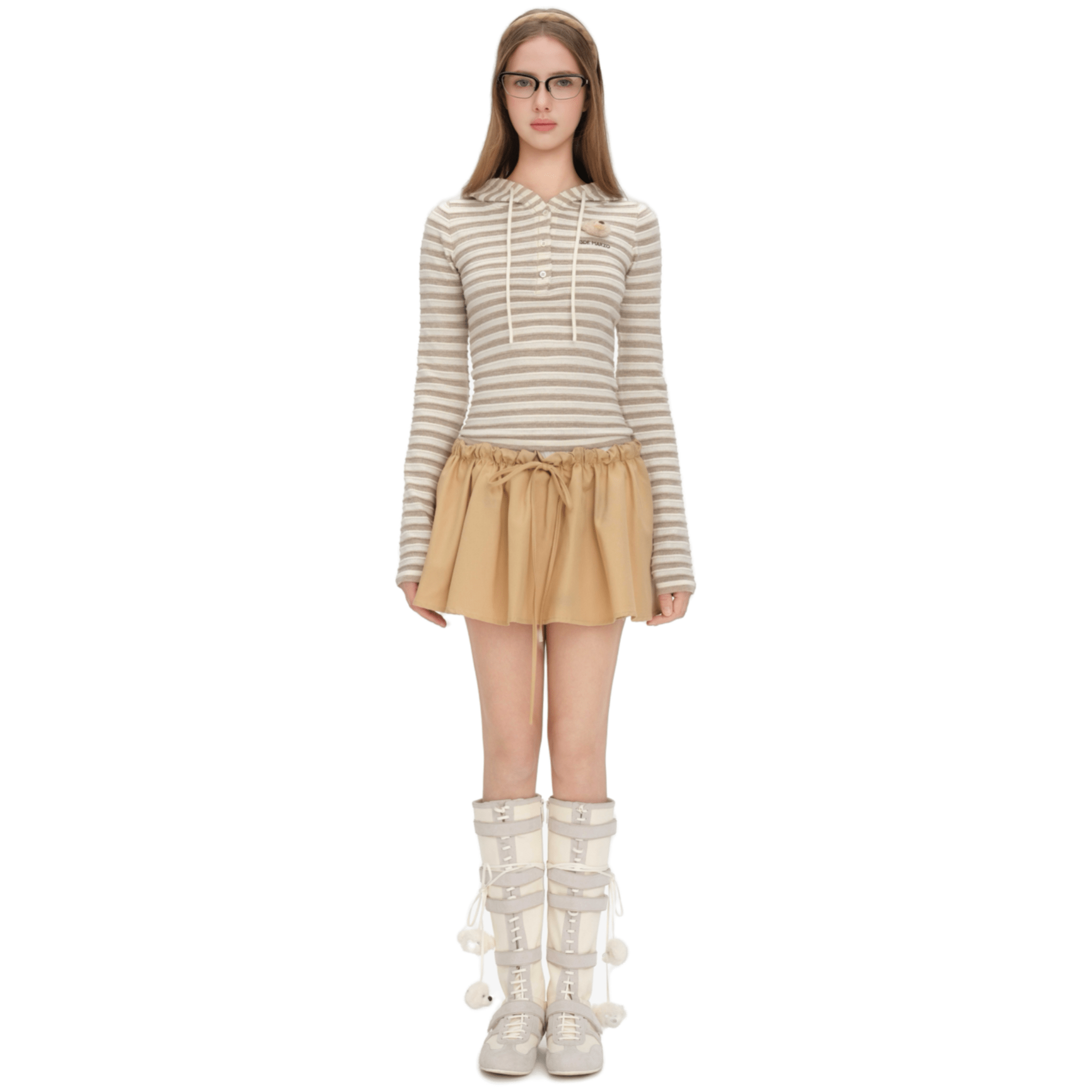 13DE MARZO Striped Button - down 3D Bear Hooded T-shirt in Khaki | MADAX