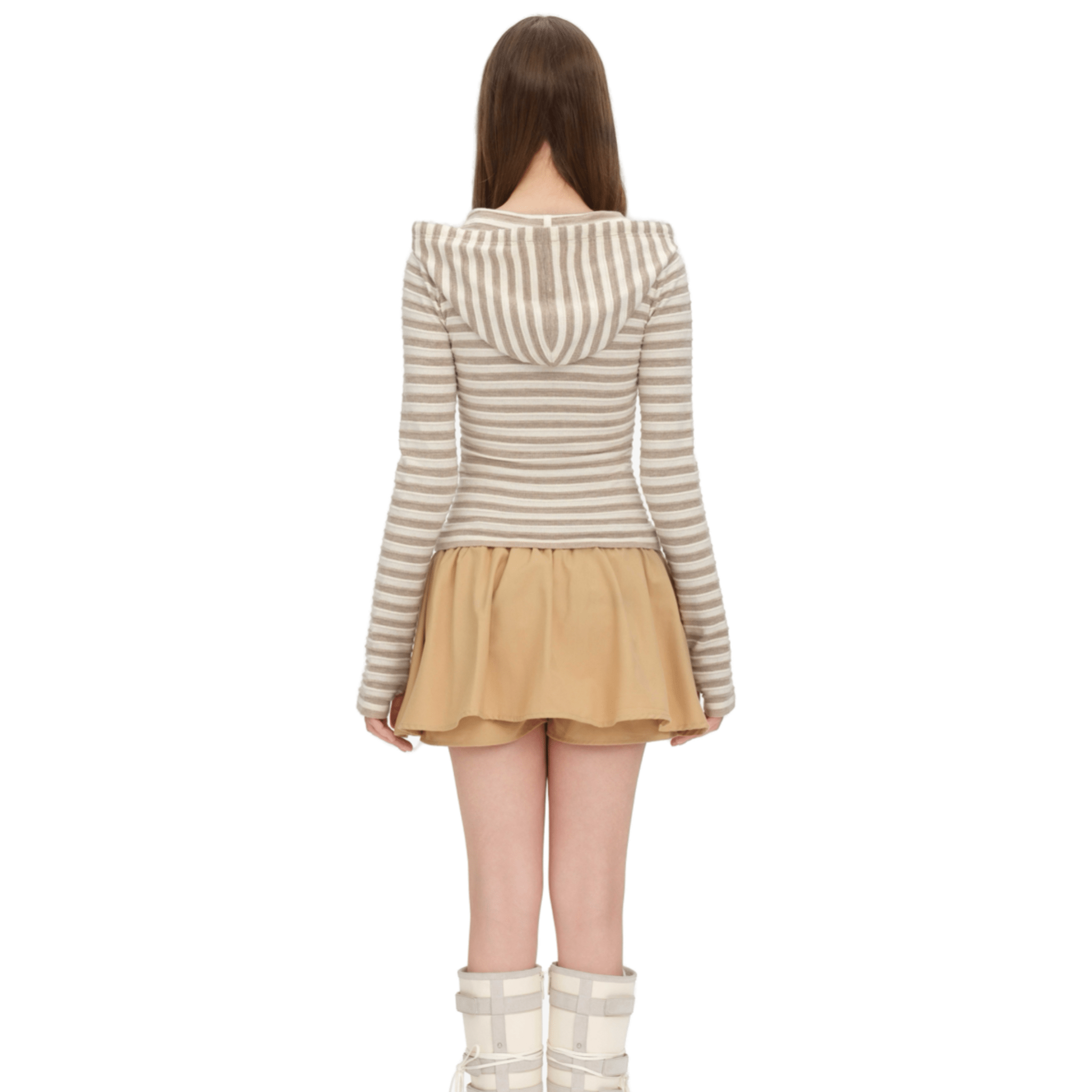 13DE MARZO Striped Button - down 3D Bear Hooded T-shirt in Khaki | MADAX