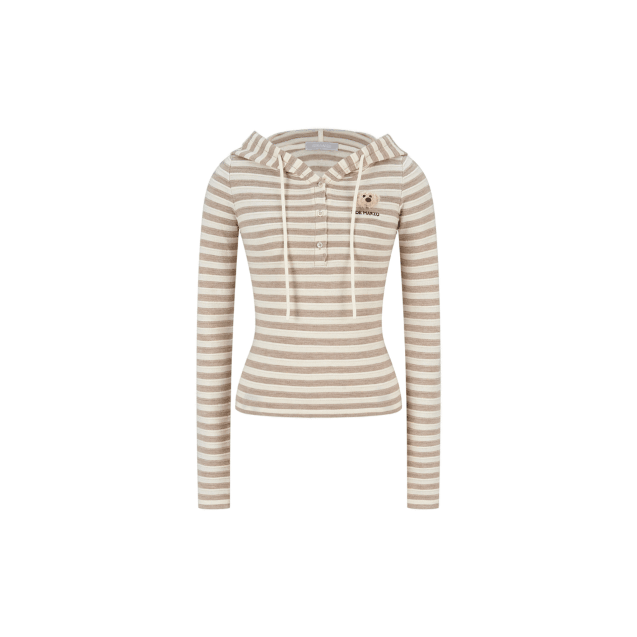 13DE MARZO Striped Button - down 3D Bear Hooded T-shirt in Khaki | MADAX