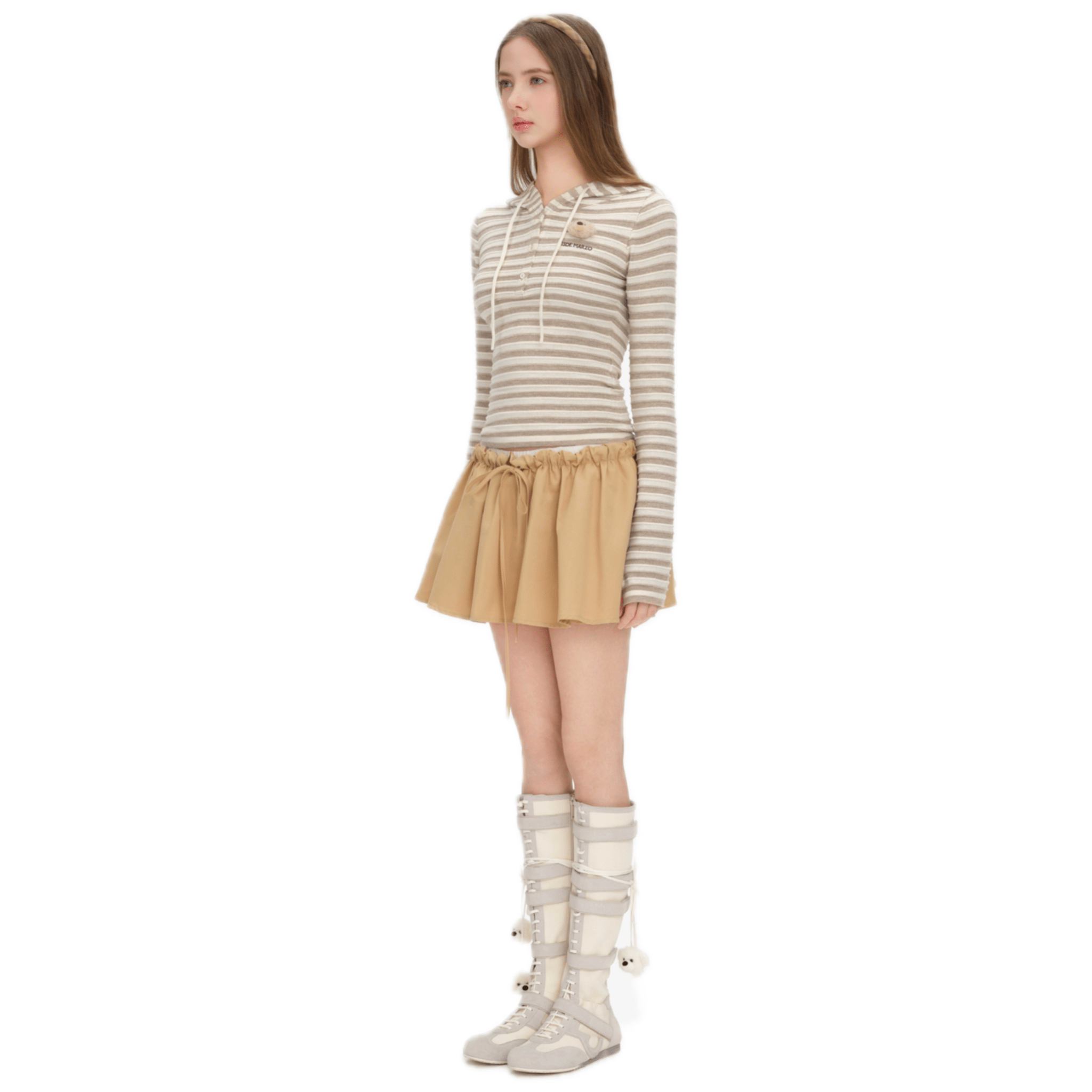 13DE MARZO Striped Button - down 3D Bear Hooded T-shirt in Khaki | MADAX
