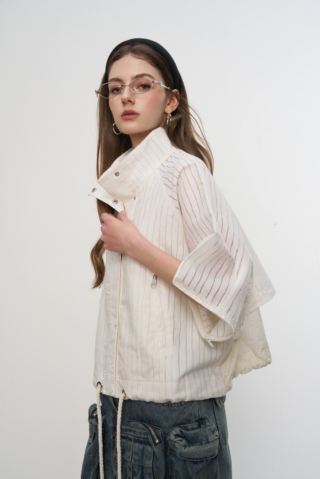 AIMME SPARROW Striped Drawstring Turtleneck Shirt Jacket In White | MADAX