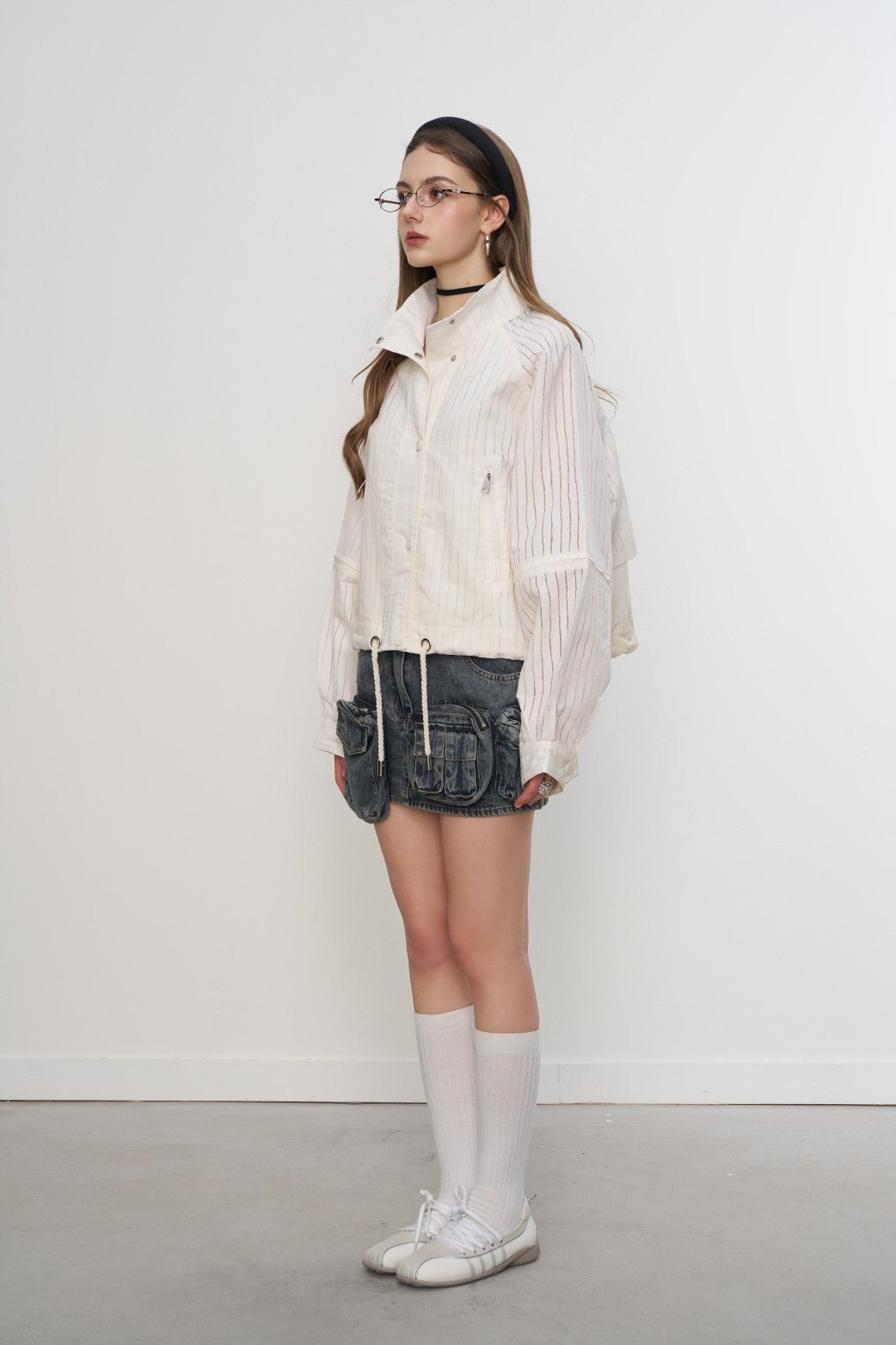 AIMME SPARROW Striped Drawstring Turtleneck Shirt Jacket In White | MADAX