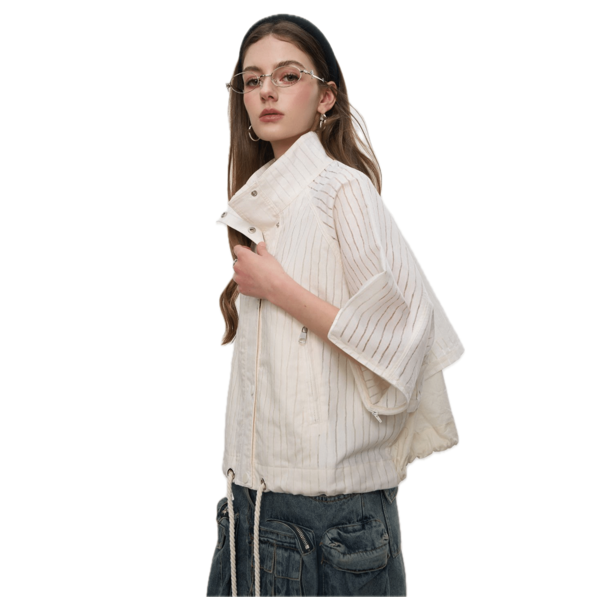 AIMME SPARROW Striped Drawstring Turtleneck Shirt Jacket In White | MADAX