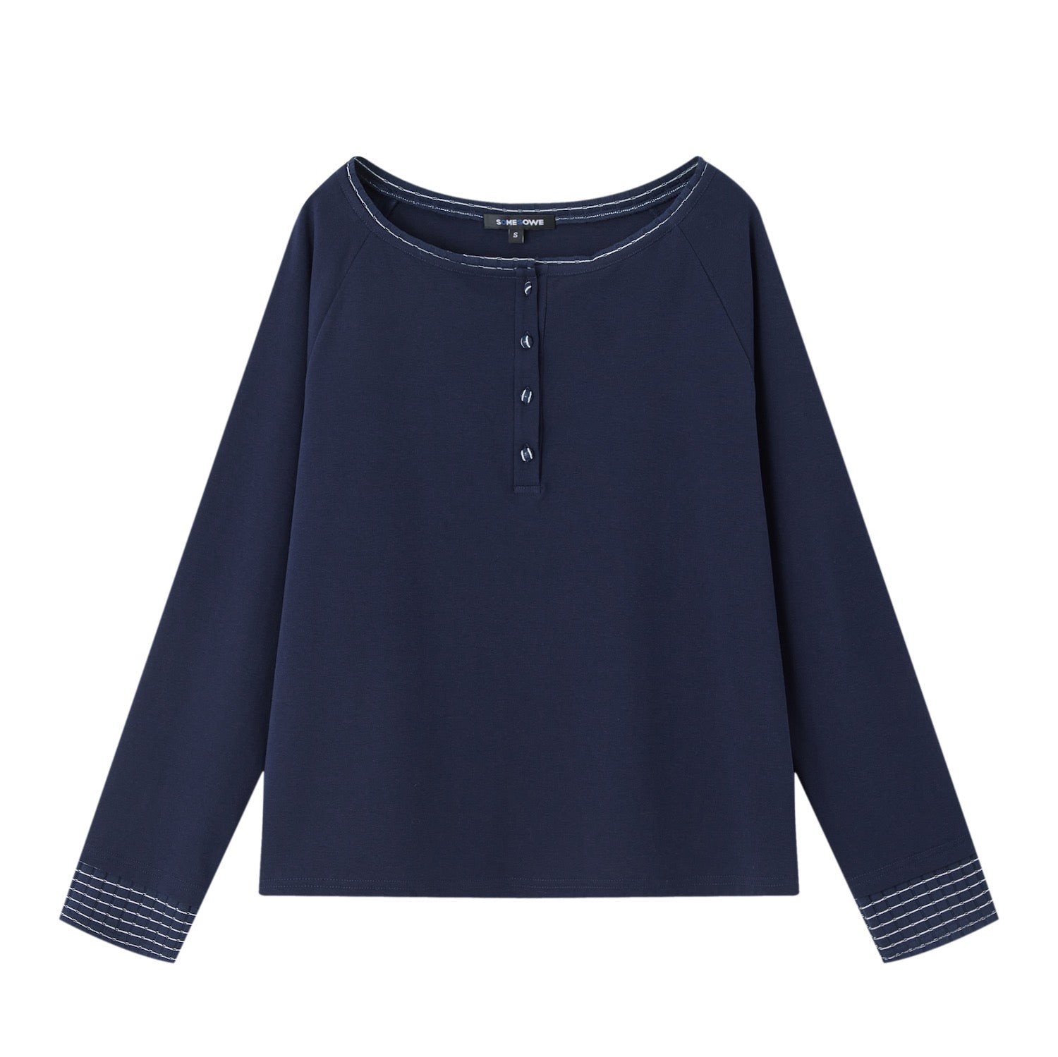 SOMESOWE Striped Henley Collar Long - Sleeve T-Shirt In Navy Blue | MADAX