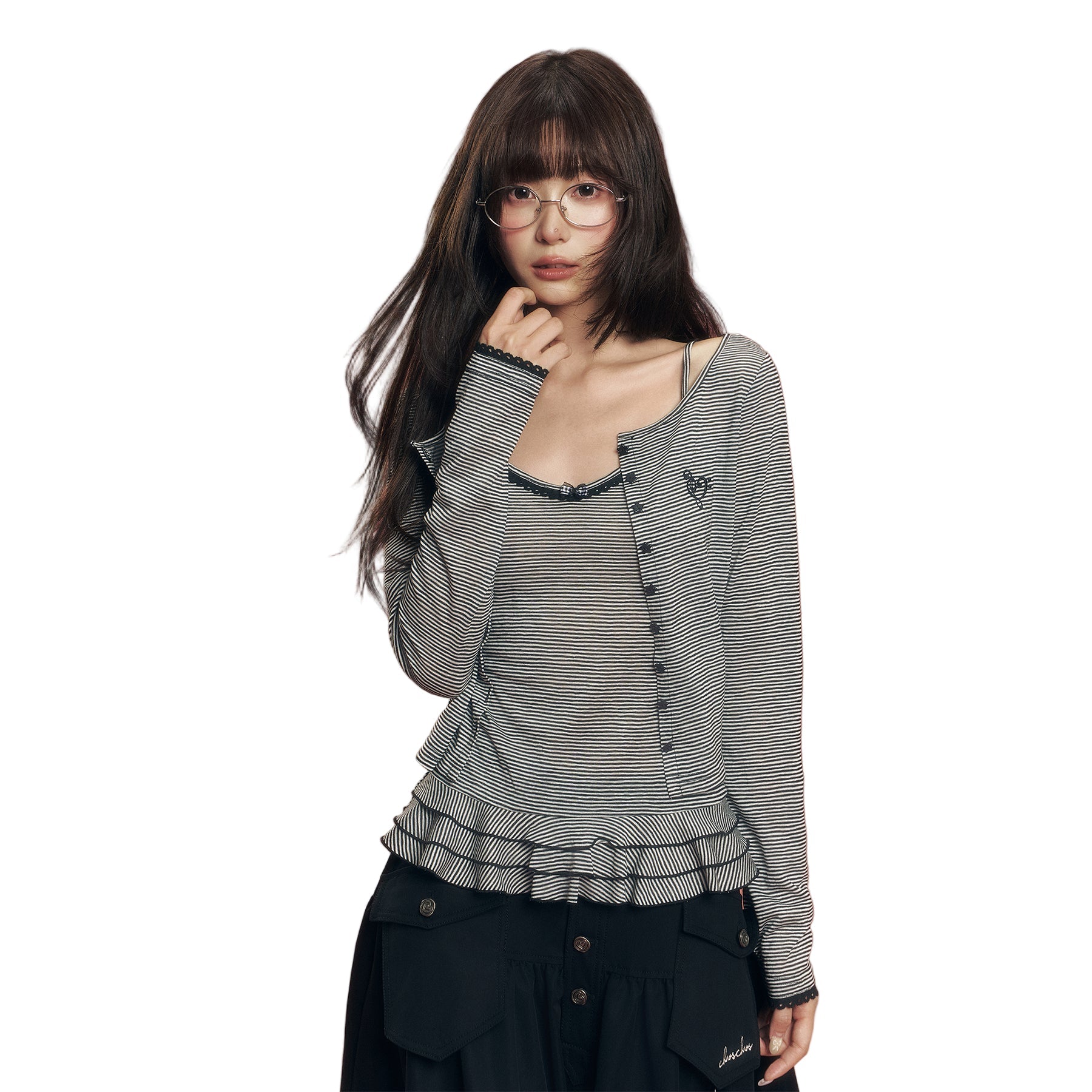 CHAOSCHAOS Striped Lace Knitted Cardigan In Black And White | MADAX