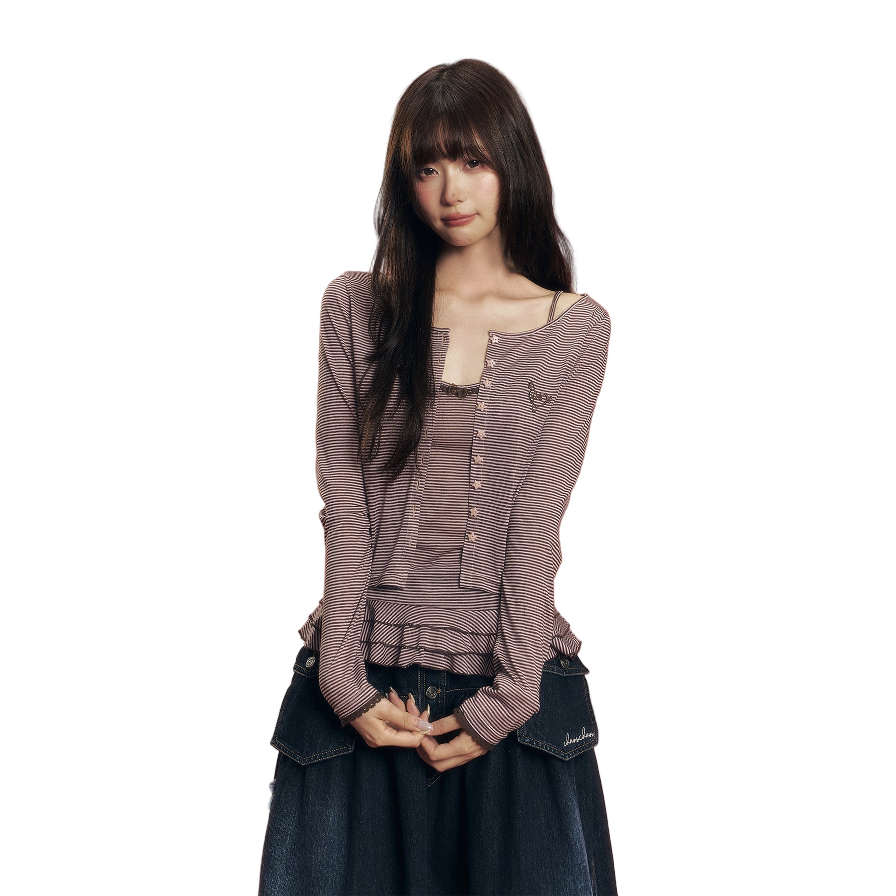 CHAOSCHAOS Striped Lace Knitted Cardigan In Pink AND Brown | MADAX