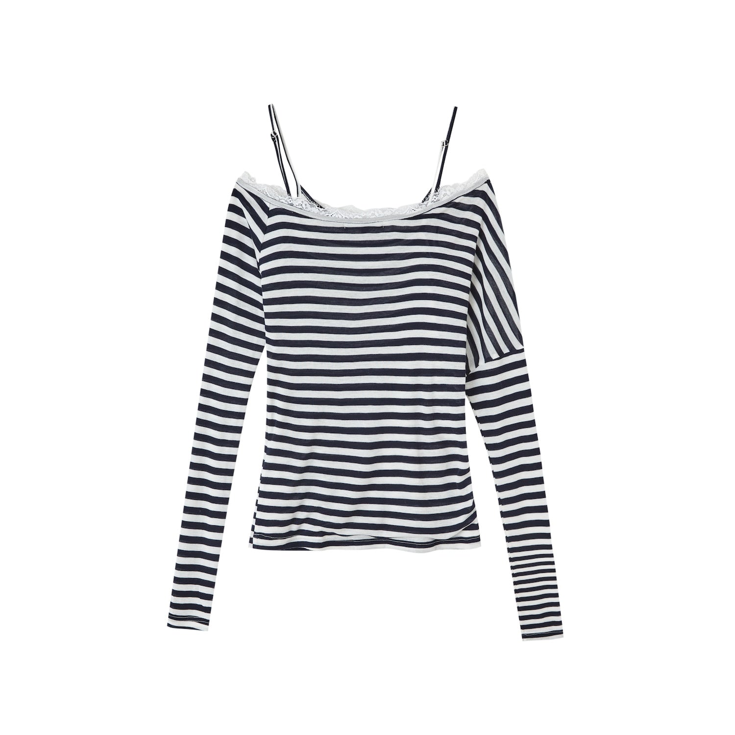SOMESOWE Striped Off - shoulder Fake Two - piece Long - sleeved T-shirt In Navy Blue | MADAX