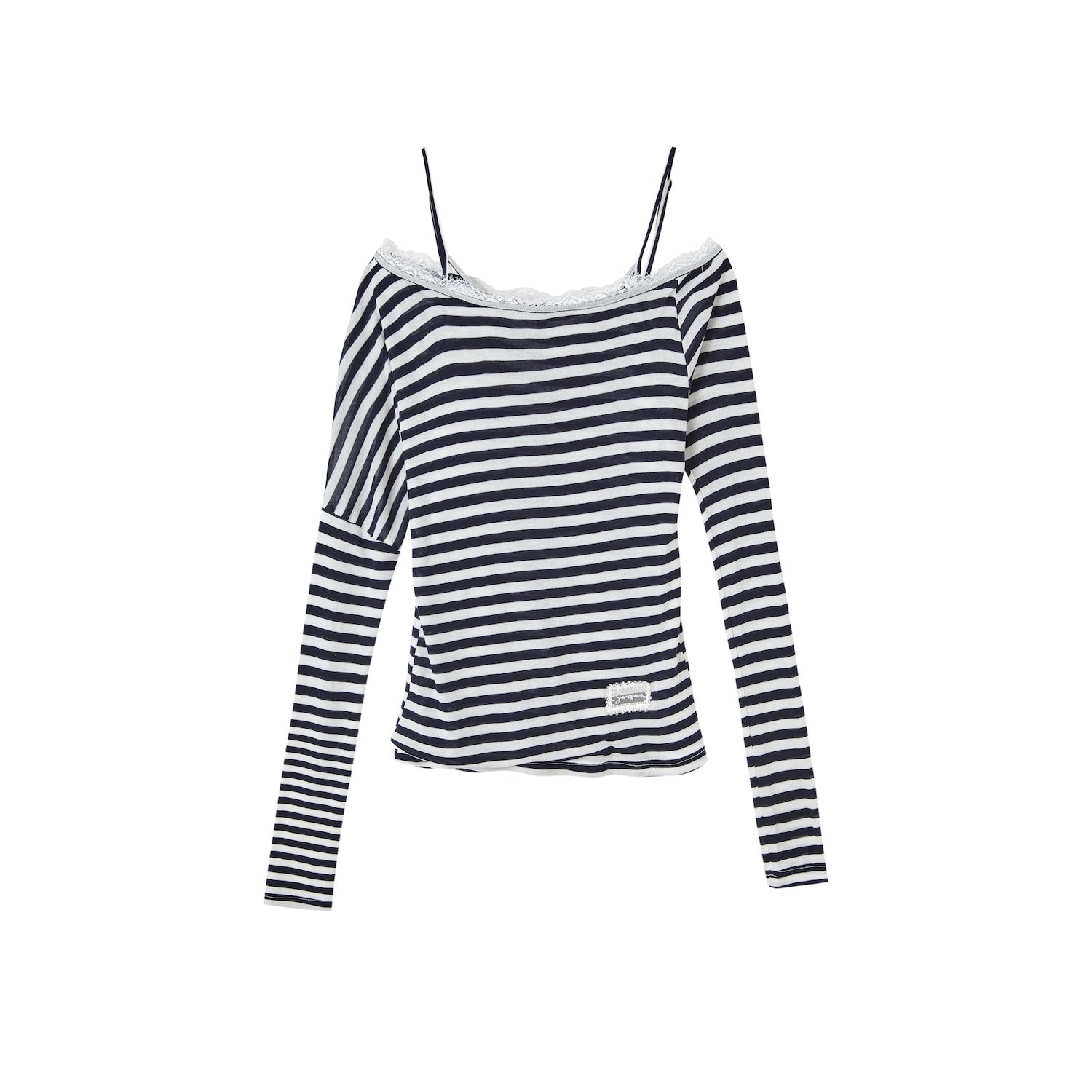 SOMESOWE Striped Off - shoulder Fake Two - piece Long - sleeved T-shirt In Navy Blue | MADAX
