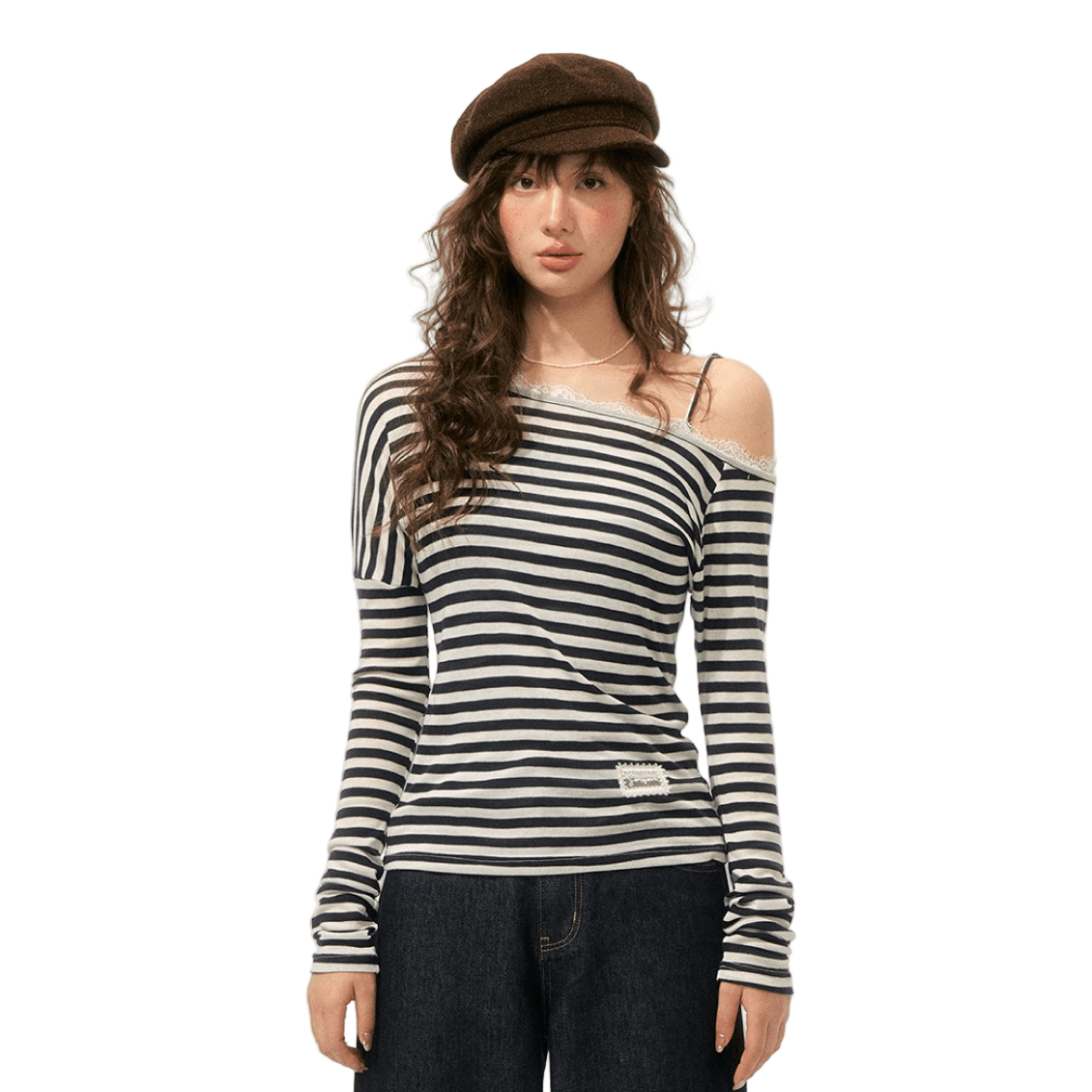 SOMESOWE Striped Off - shoulder Fake Two - piece Long - sleeved T-shirt In Navy Blue | MADAX