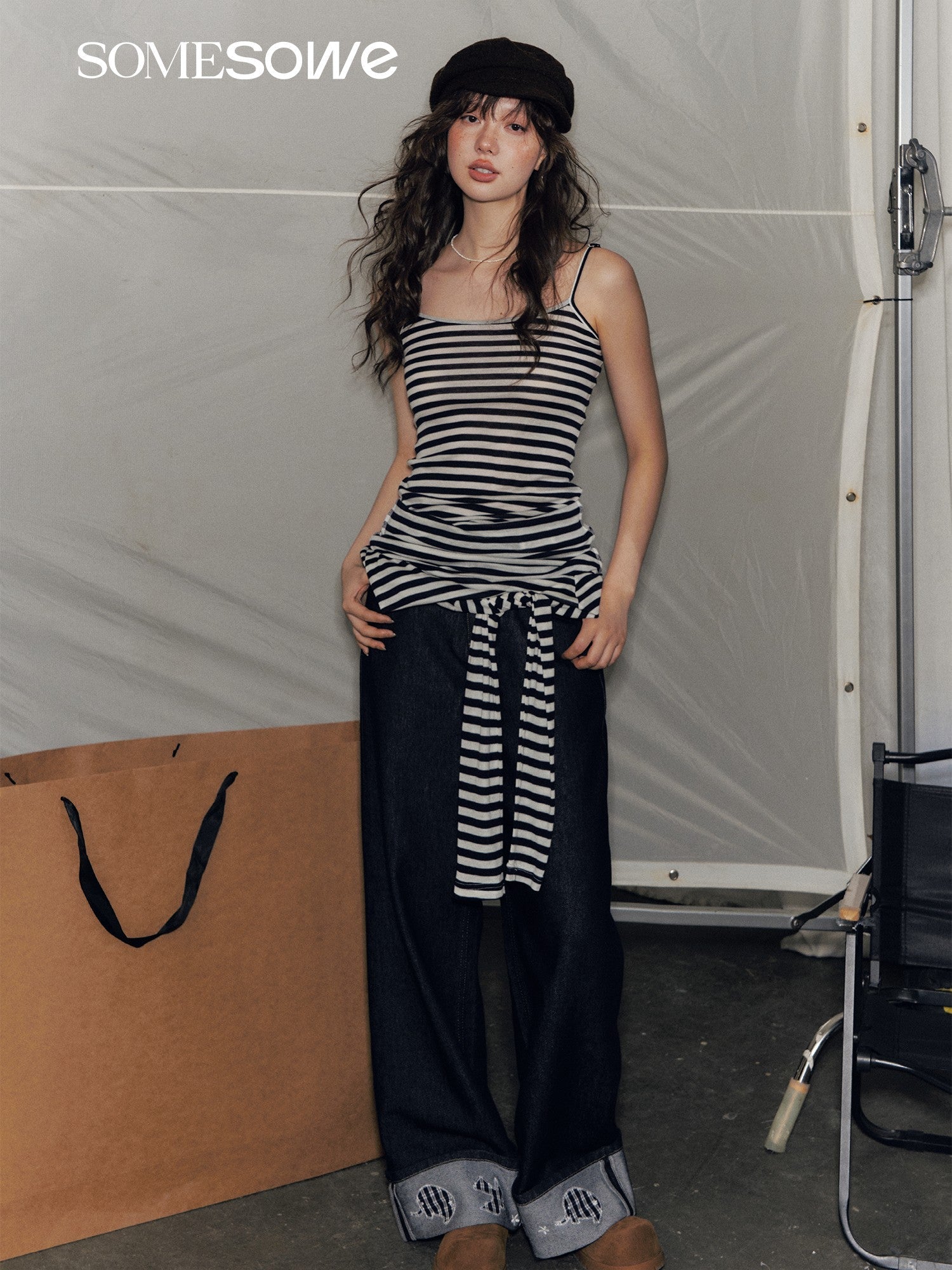 SOMESOWE Striped Off - shoulder Fake Two - piece Long - sleeved T-shirt In Navy Blue | MADAX