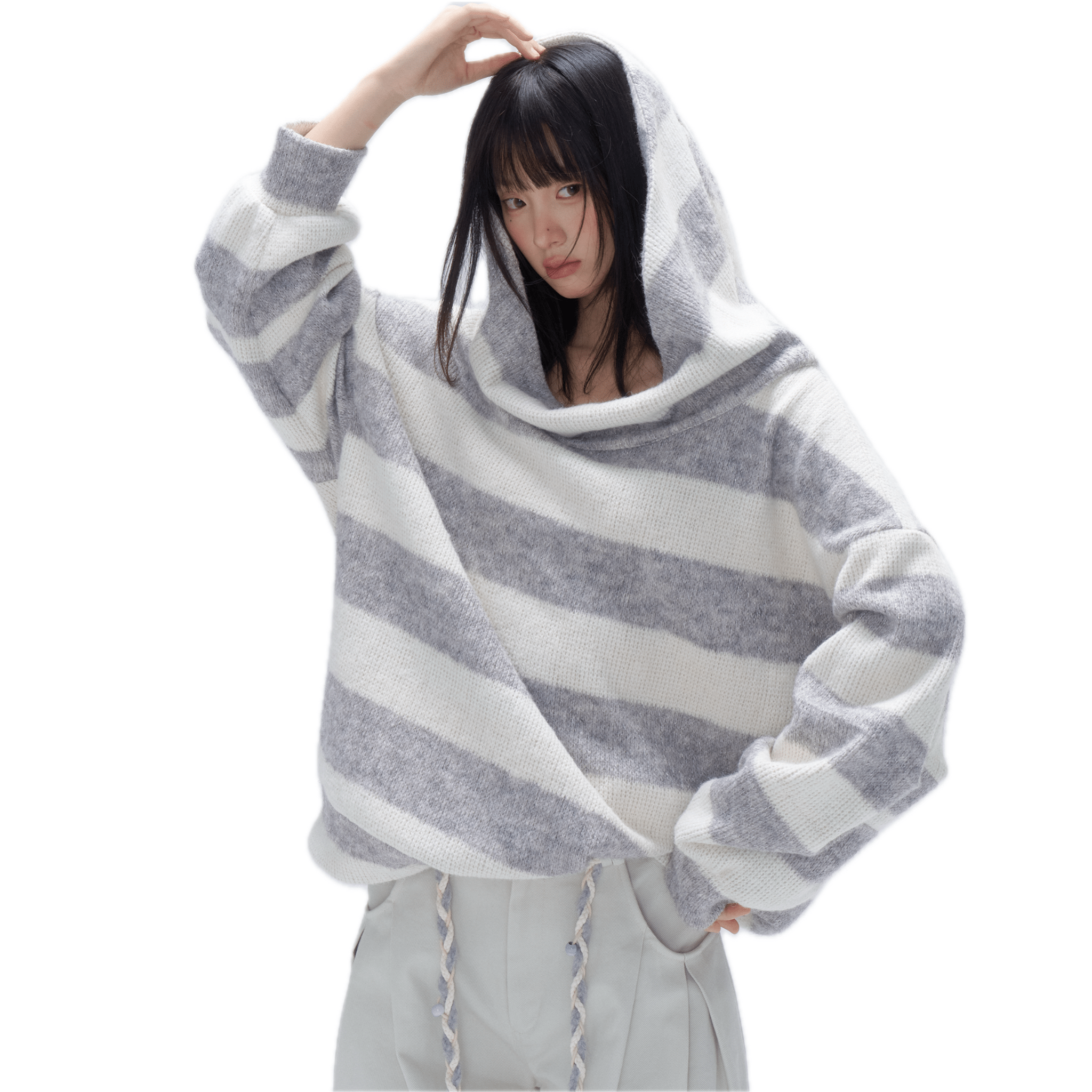 CHAOSCHAOS Striped Off - the - shoulder Hooded Sweater in Gray | MADAX