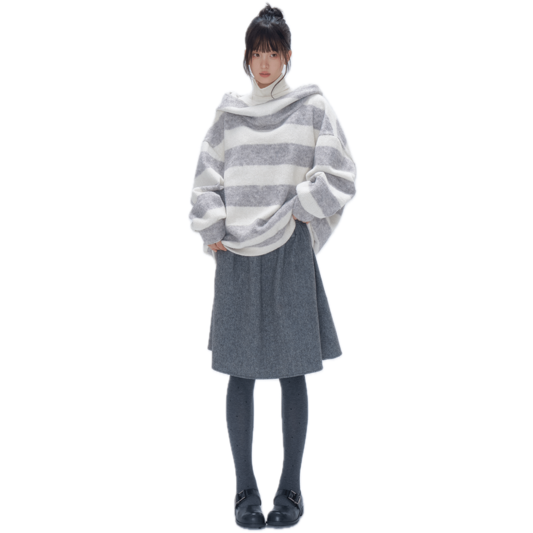 CHAOSCHAOS Striped Off - the - shoulder Hooded Sweater in Gray | MADAX