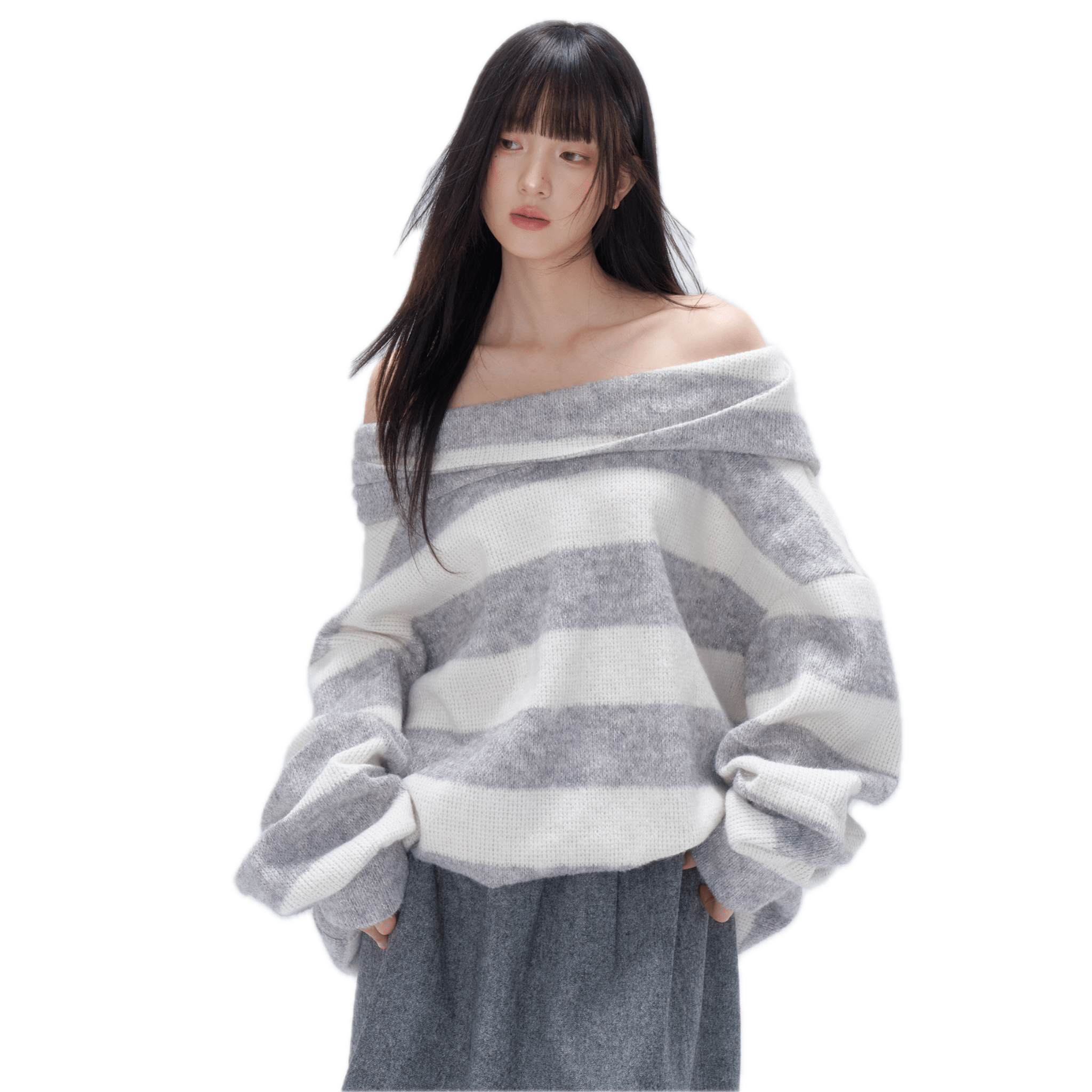CHAOSCHAOS Striped Off - the - shoulder Hooded Sweater in Gray | MADAX