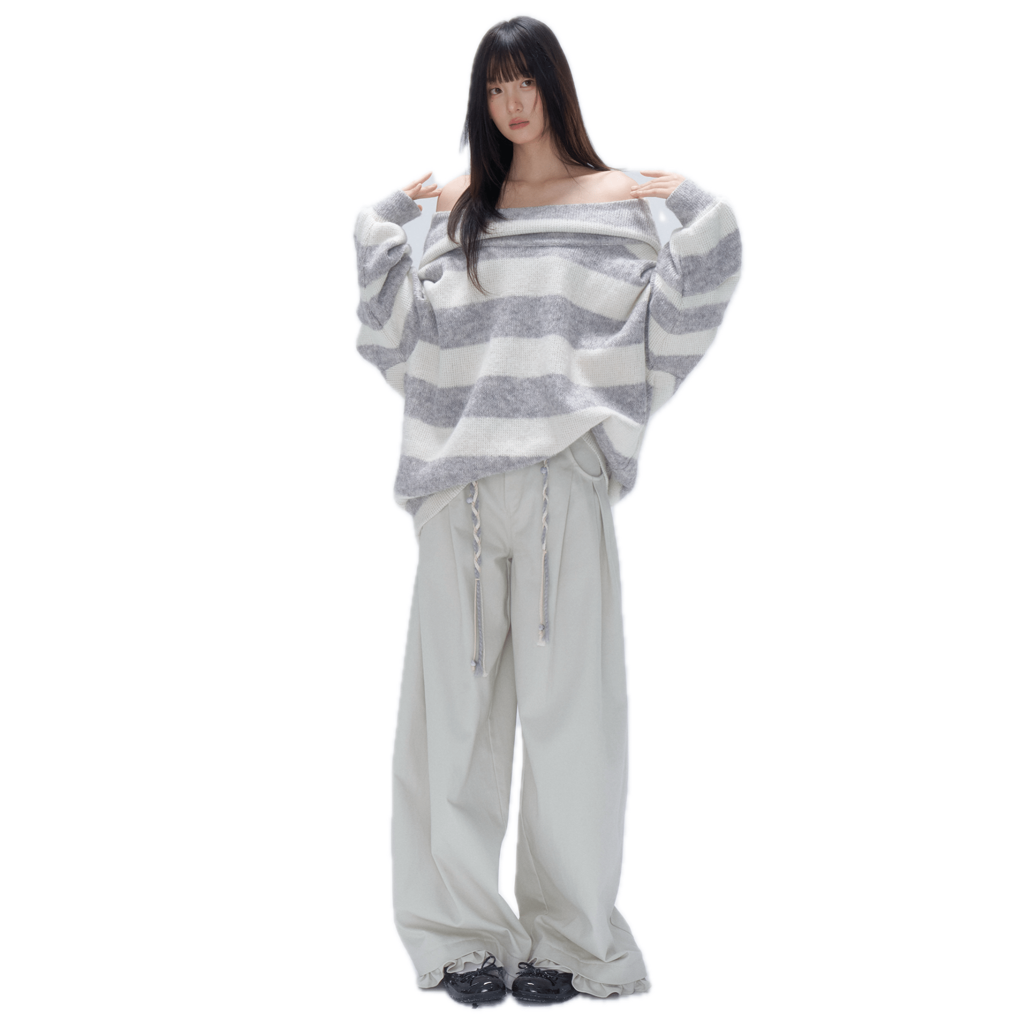 CHAOSCHAOS Striped Off - the - shoulder Hooded Sweater in Gray | MADAX