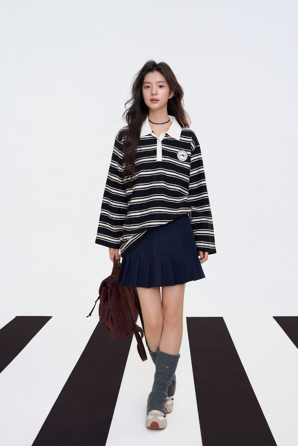 AIMME SPARROW Striped Polo Collar Long Sleeve In Black and White | MADAX