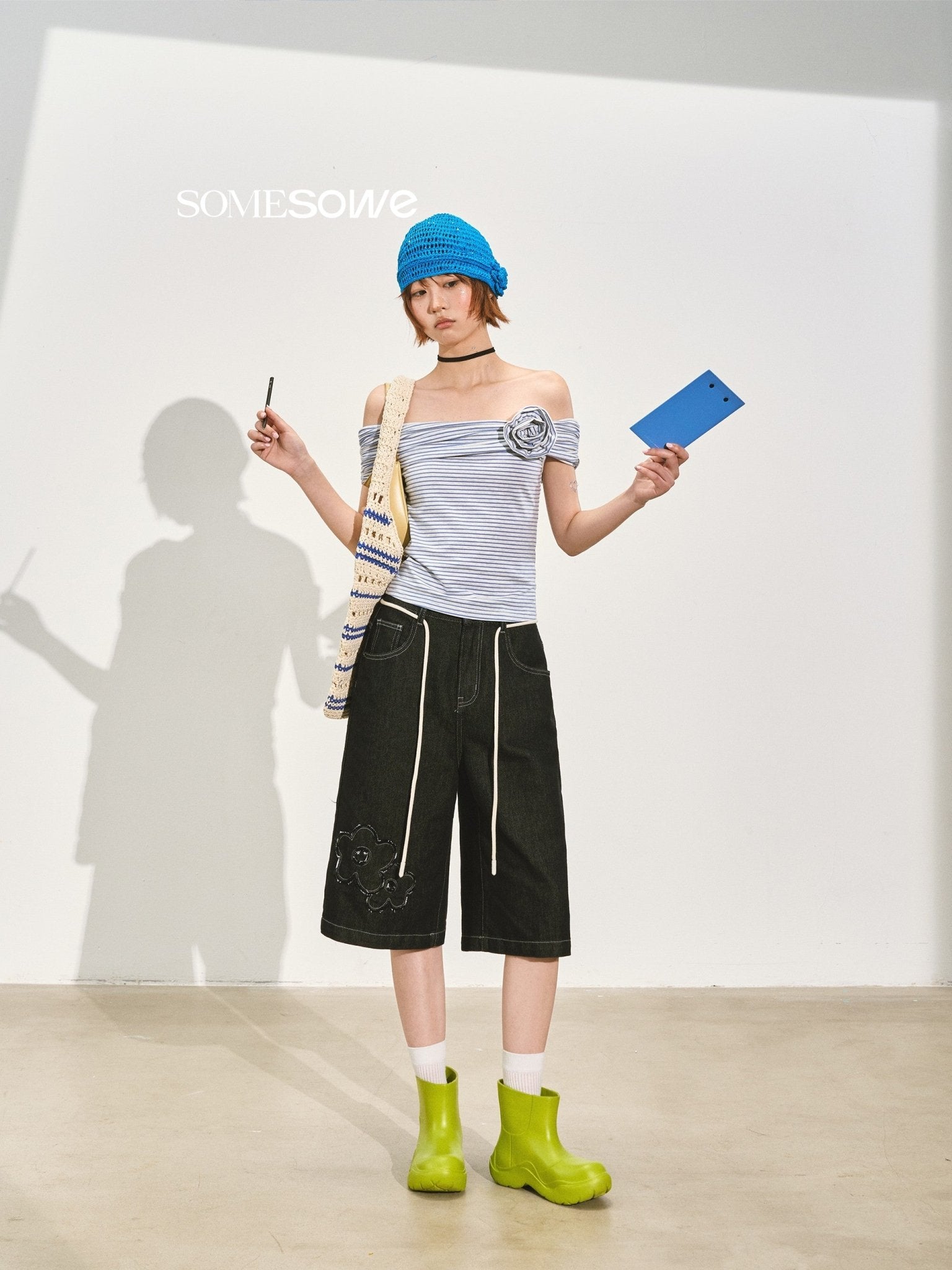 SOMESOWE Striped Rose Off Shoulder Top In Blue And White | MADAX