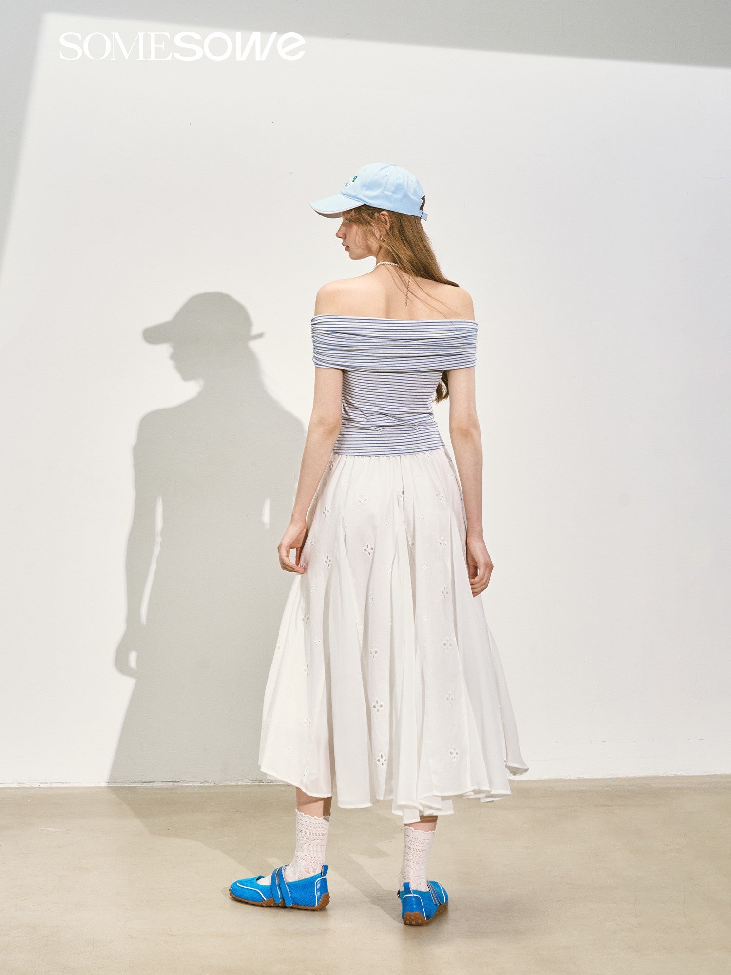 SOMESOWE Striped Rose Off Shoulder Top In Blue And White | MADAX