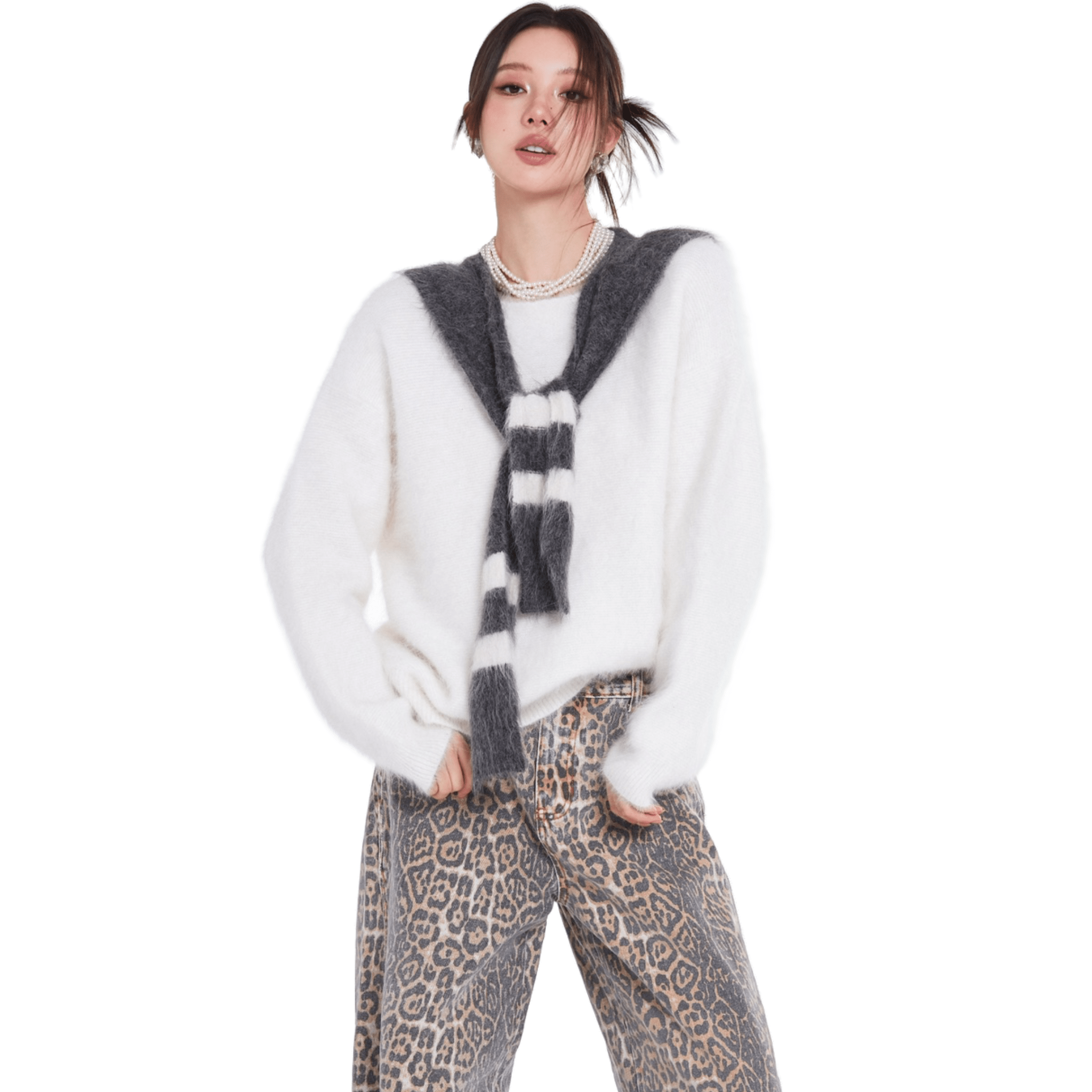 AIMME SPARROW Striped True Two - Piece Alpaca Sweater in White | MADAX