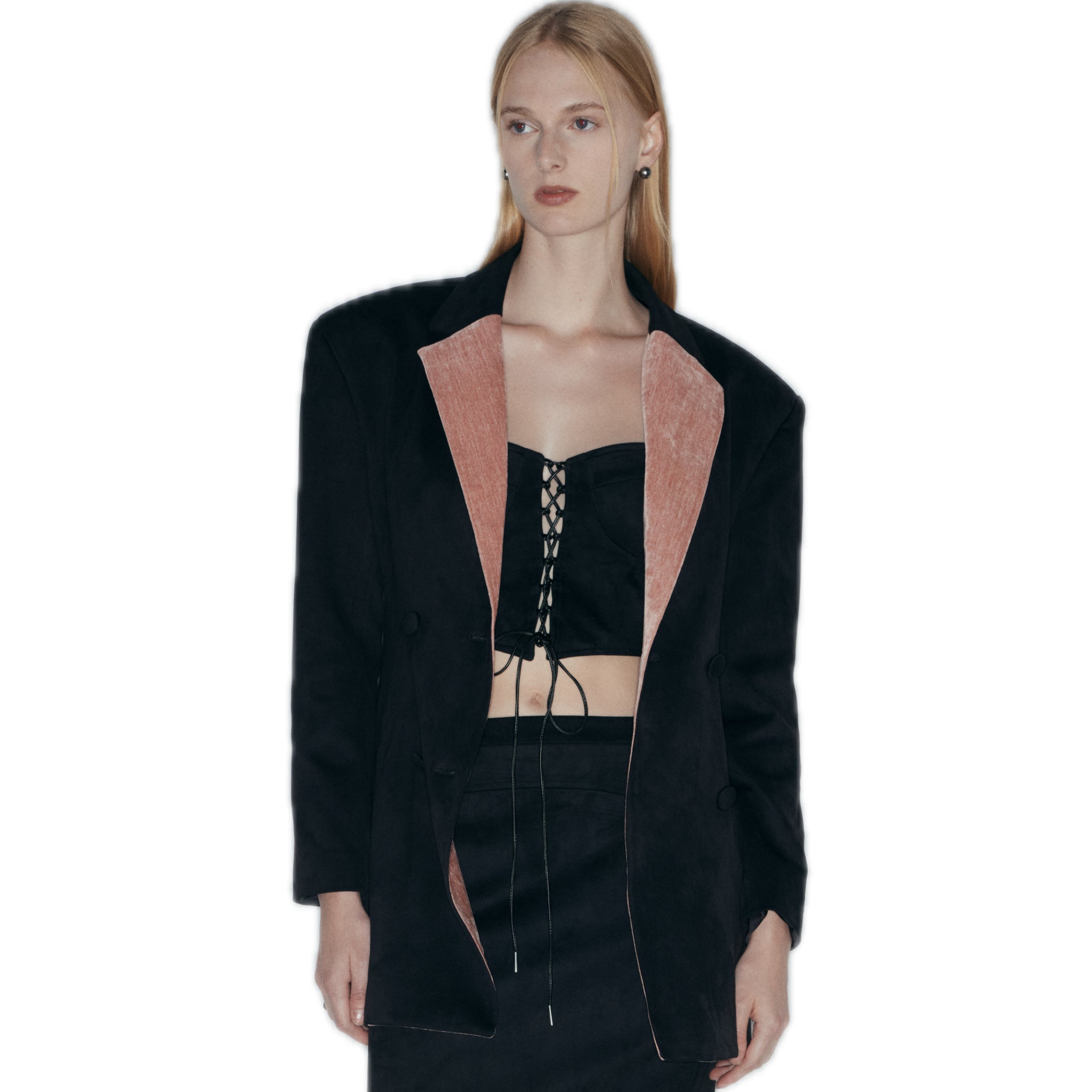 NECESSARY ANANKE Suede Color - Block Wide Shoulder Jacket In Black | MADAX